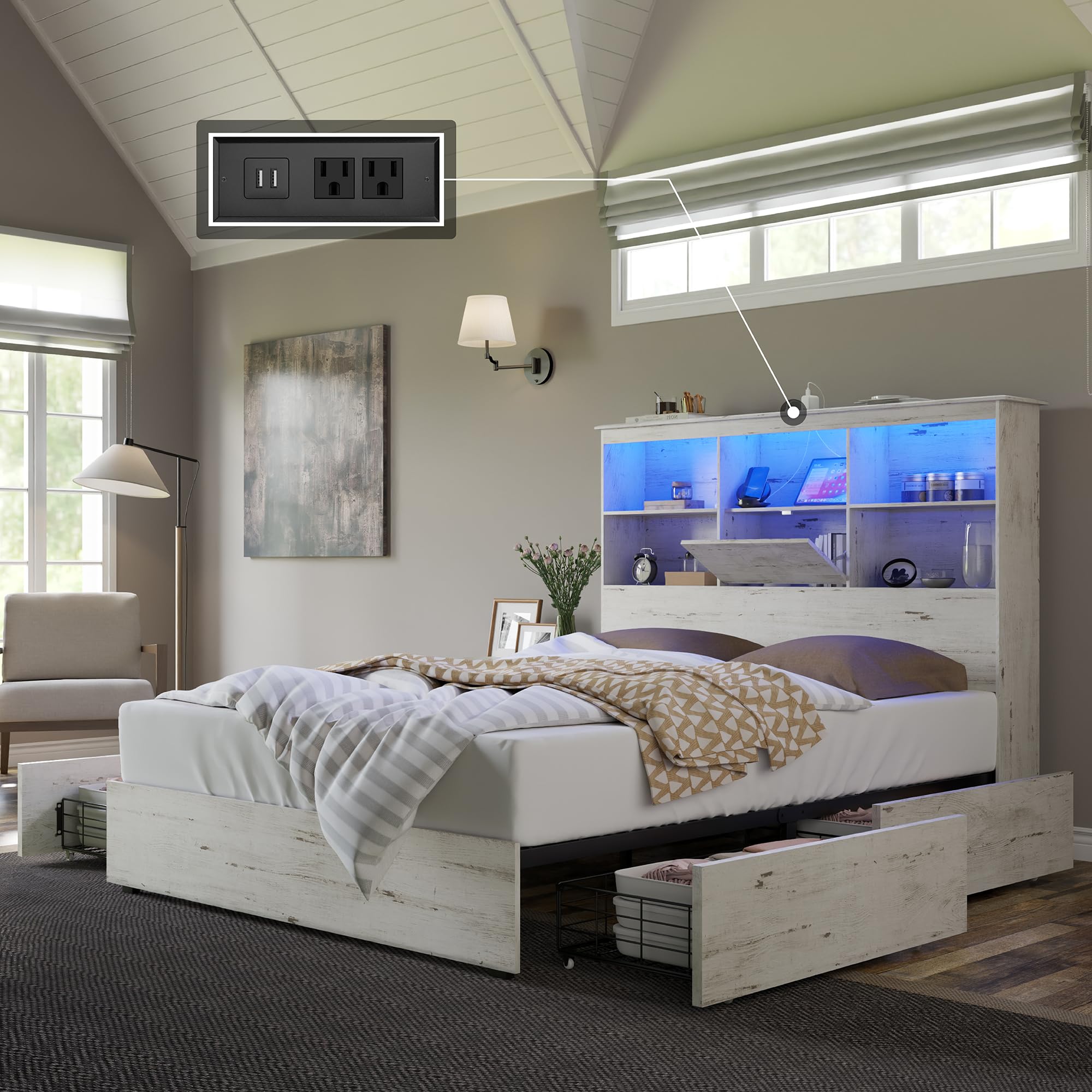 AMERLIFE Queen Size Wooden Platform Bed Frame with LED Storage Headboard - 4 Drawers, USB Charging Station, No Box Spring Needed, Noise Free, Distressed White - Perfect for Small Bedrooms & Modern Apartments