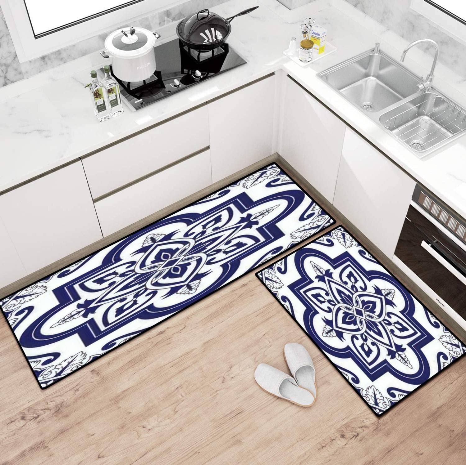 Dutch Tile Kitchen Rugs Set - Non-Slip Washable Floor Mat for Cooking & Decor