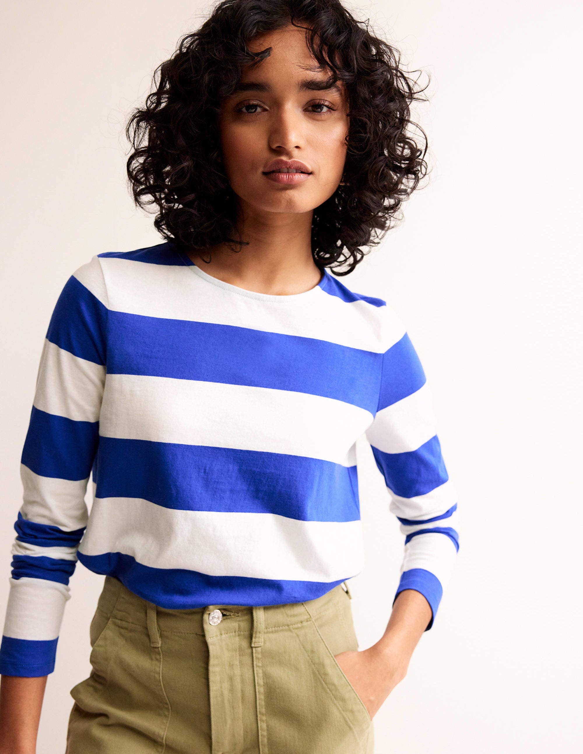 Bea Long Sleeve Breton Blue & Ivory Wide Stripe T-Shirt - Women's Casual Striped Top for Everyday Wear, Office & Weekend Outings