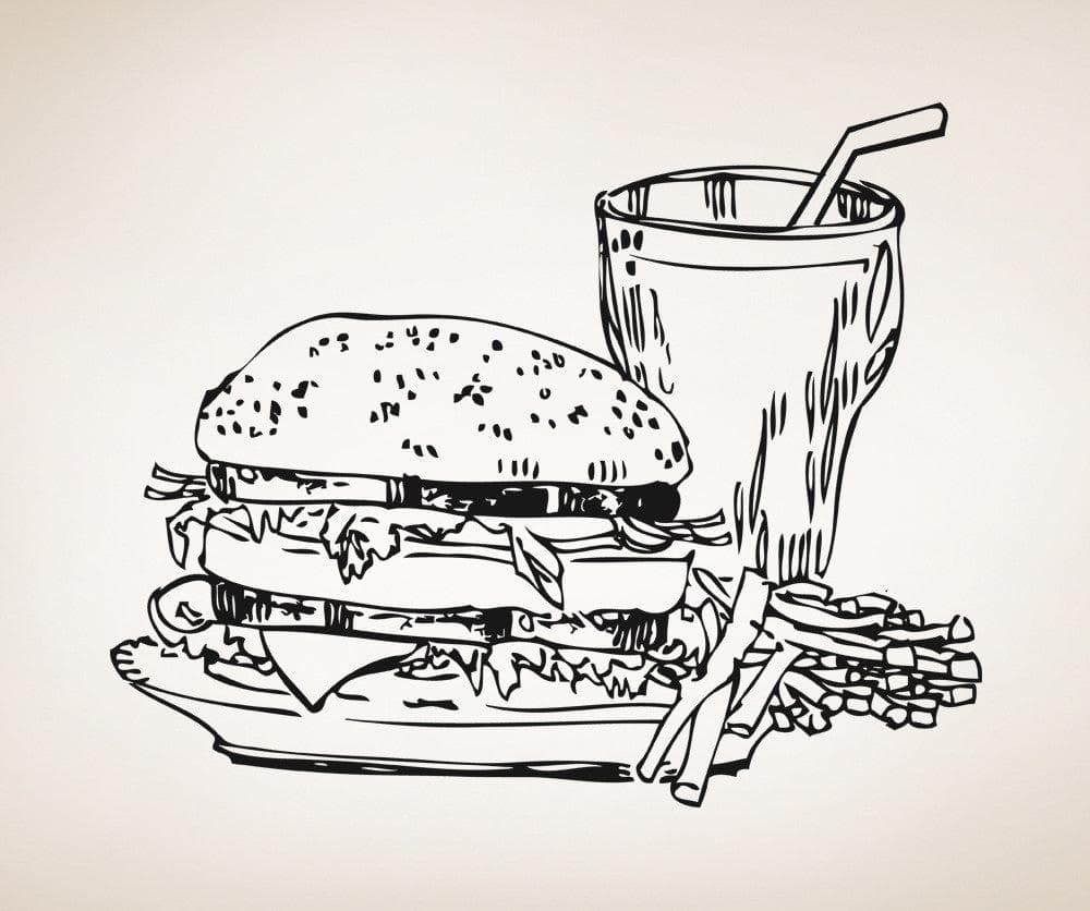 Vinyl Wall Decal Sticker - Burger Meal Sketch #5310 | Removable Home Decor for Kitchen, Diner & Restaurant | Perfect for DIY Wall Art & Interior Design