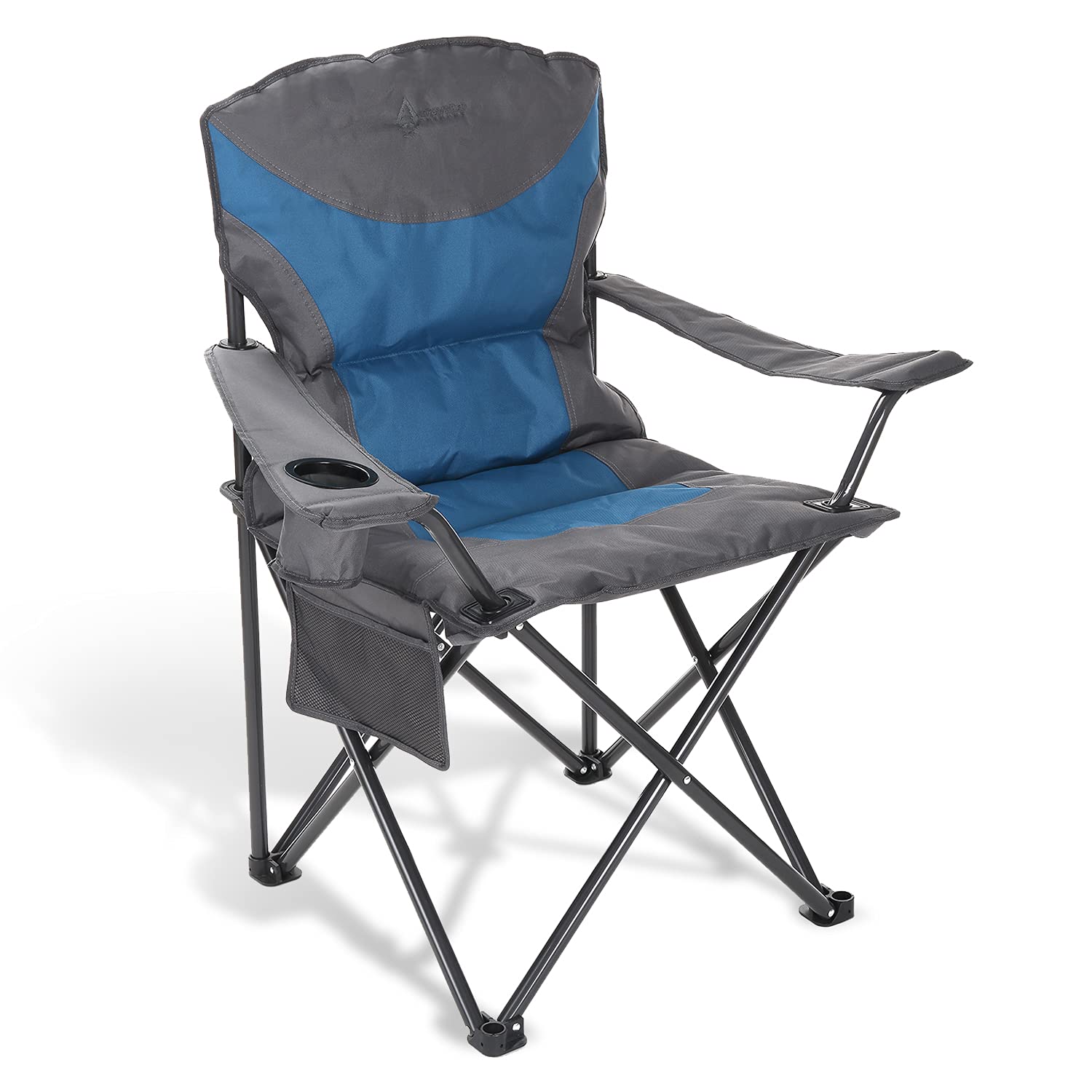 ARROWHEAD OUTDOOR Ultra-Comfortable Portable Folding Camping Quad Chair with Padded Armrests, Cup-Holder, Heavy-Duty Carrying Bag, Supports 330lbs, USA-Based Support (Blue & Gray) - Perfect for Camping, Backyard Relaxation, and Outdoor Events