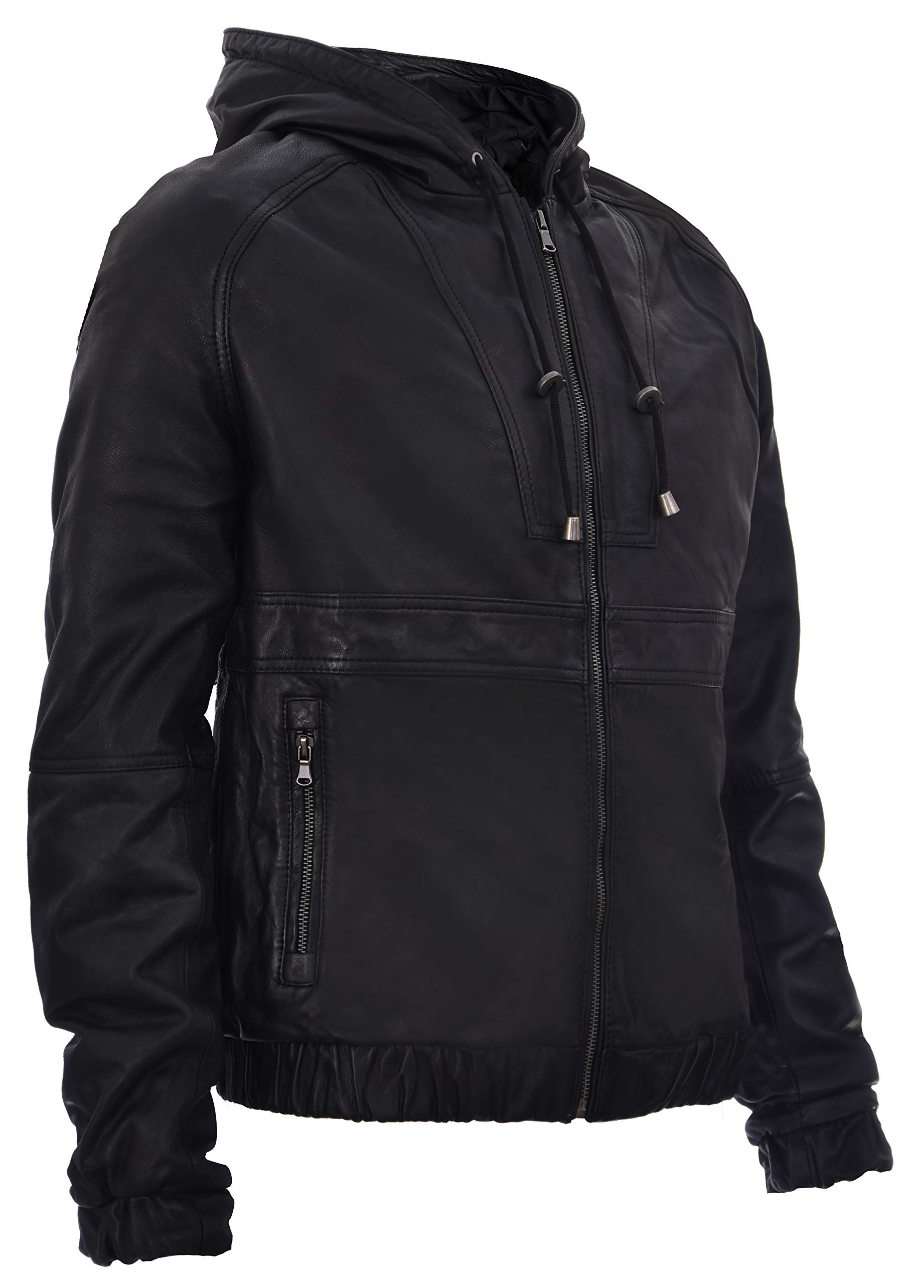 Men's Black Nappa Leather Biker Jacket with Hood - Stylish Motorcycle Jacket for Casual Wear & Outdoor Adventures