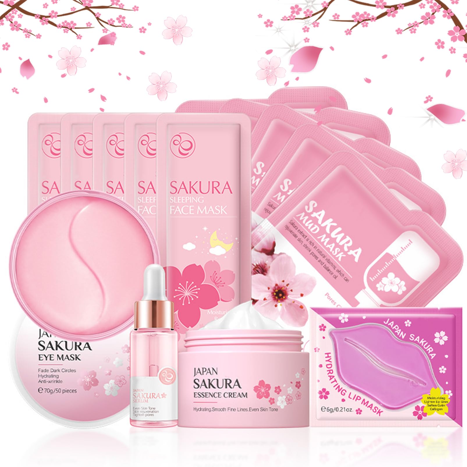 Cherry Blossom Skin Care Set for Women - Hydrating Serum, Face Cream, Sleep Mask, Eye Mask, Mud Mask & Lip Mask - Japanese Skincare Gift Set for Girls - Perfect for Daily Routine & Spa Night Self-Care