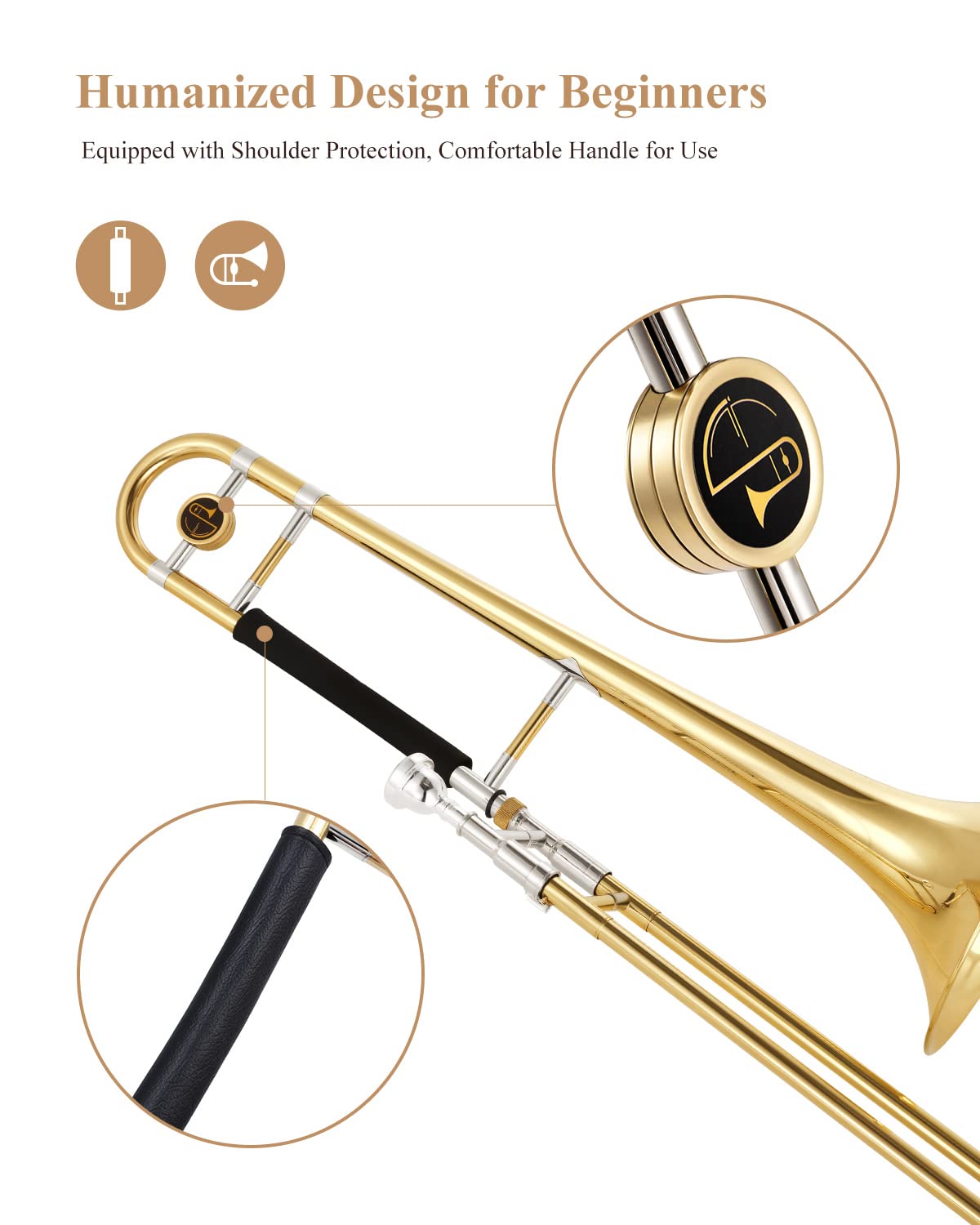 Eastar Bb Tenor Slide Trombone for Beginners - Brass Plated Student Trombone with Mouthpiece, White Gloves & Cleaning Kit (ETB-330, Golden) - Perfect for School Band, Jazz Ensemble & Music Practice