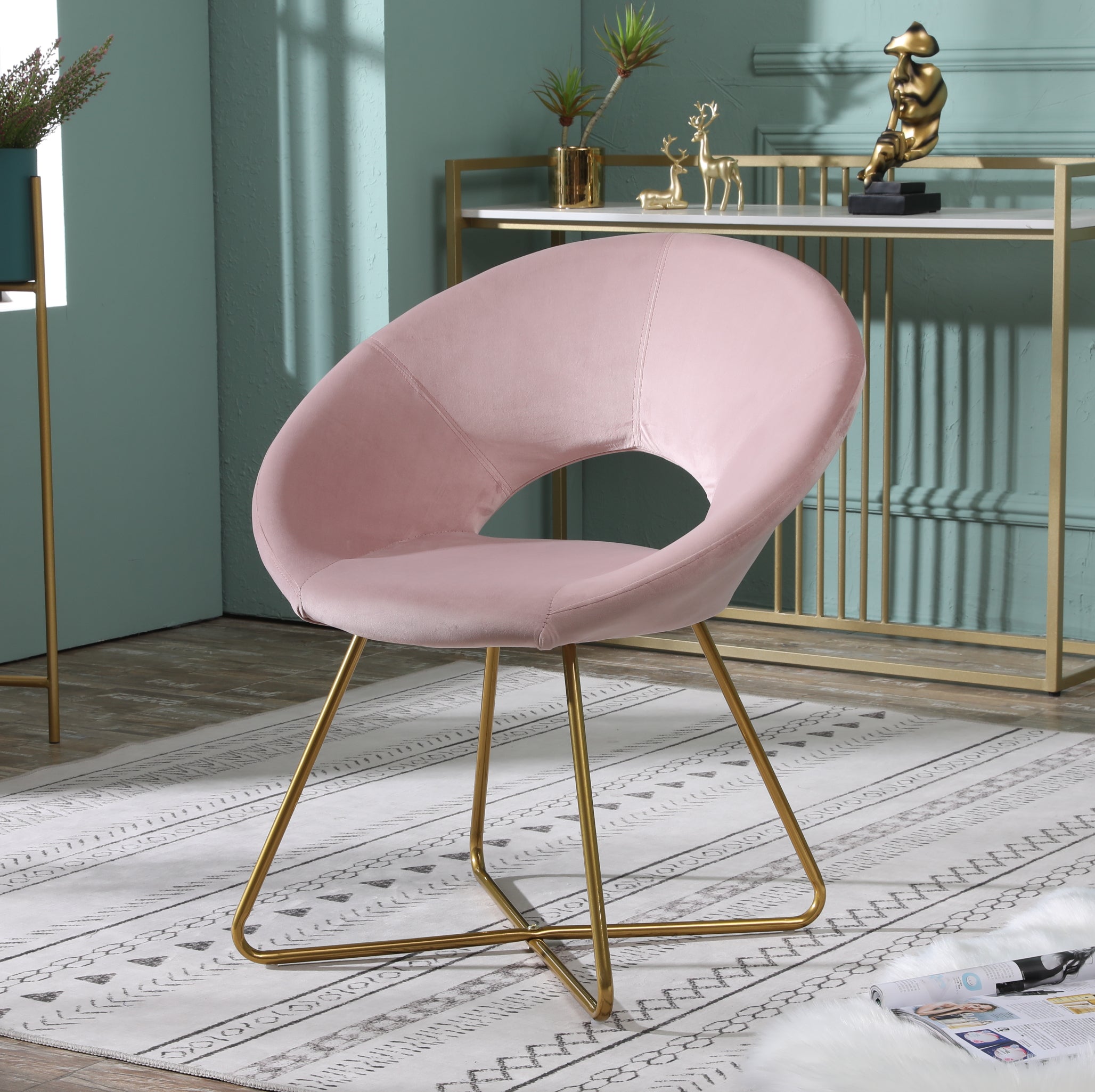 Roundhill Furniture Slatina Silky Velvet Upholstered Accent Chair - Pink Velvet with Gold Tone Metal Base for Living Room, Bedroom & Office Decor