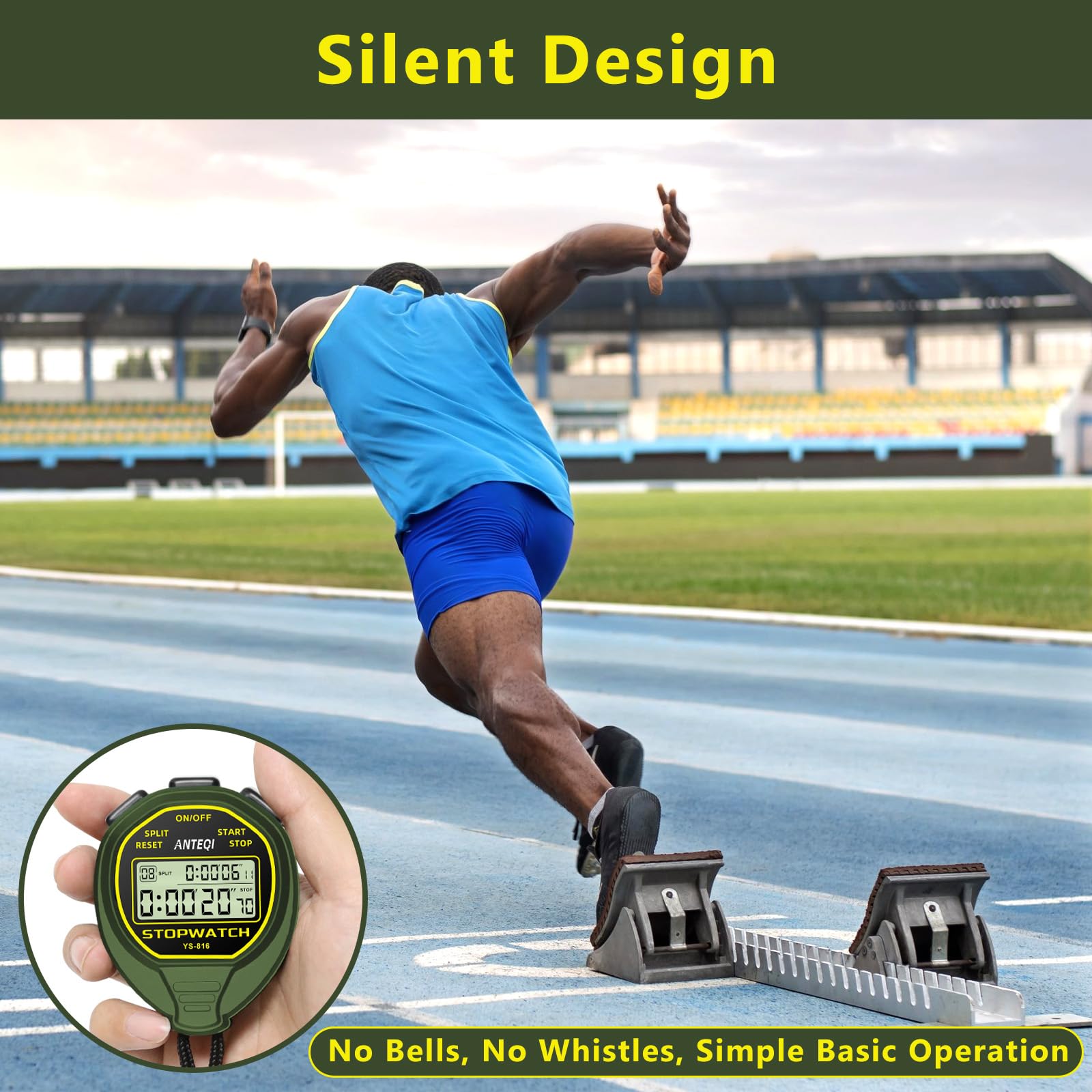 ANTEQI Waterproof Digital Stopwatch - 20-Lap Memory, ON/OFF Function, No Clock/Calendar/Alarm - Silent Sports Timer for Coaches, Swimming, Running, Track & Field Training