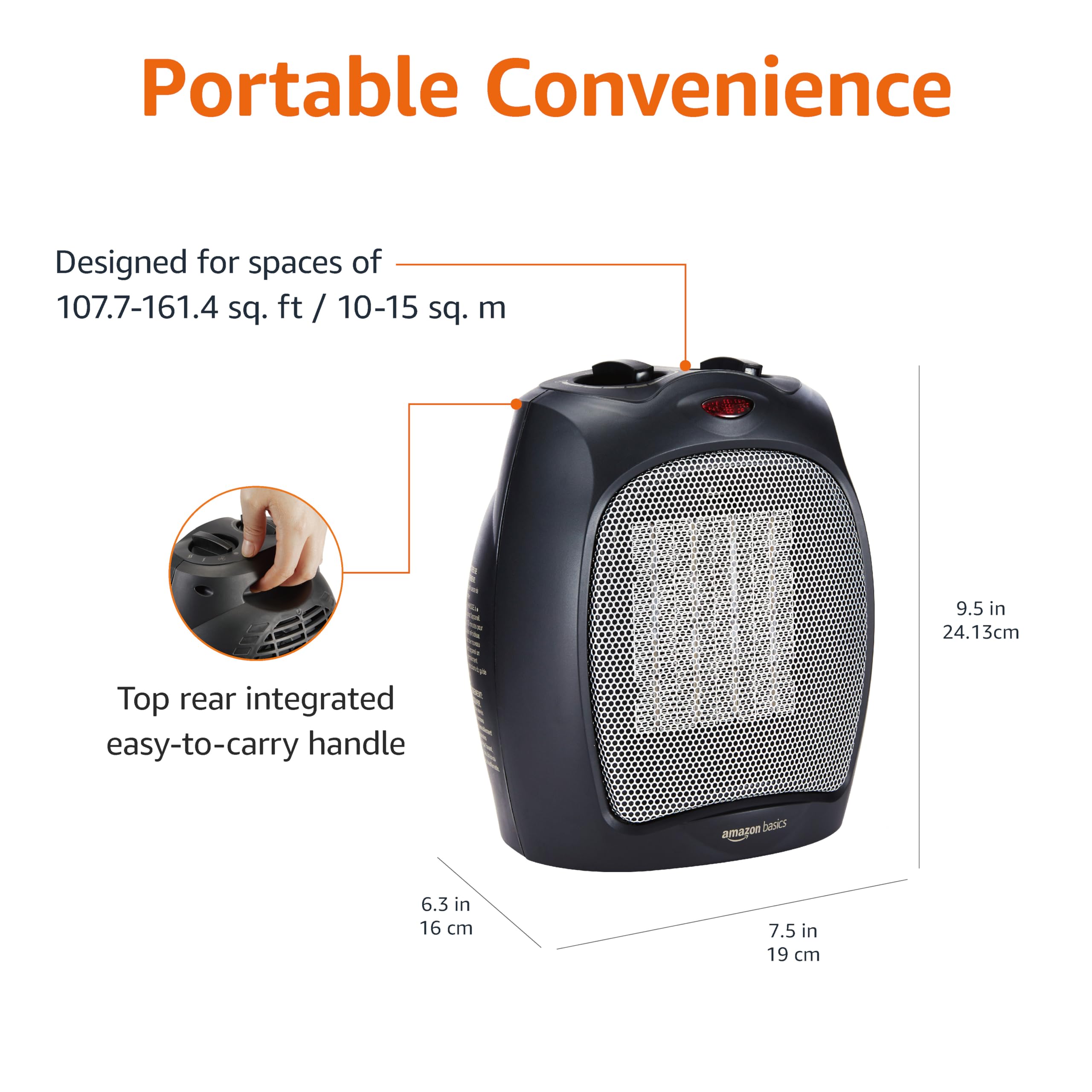 Amazon Basics 1500W Ceramic Space Heater - Portable Indoor Heater with Thermostat, Overheat & Tip-Over Protection for Home, Office, Bedroom - Compact Design (7.52