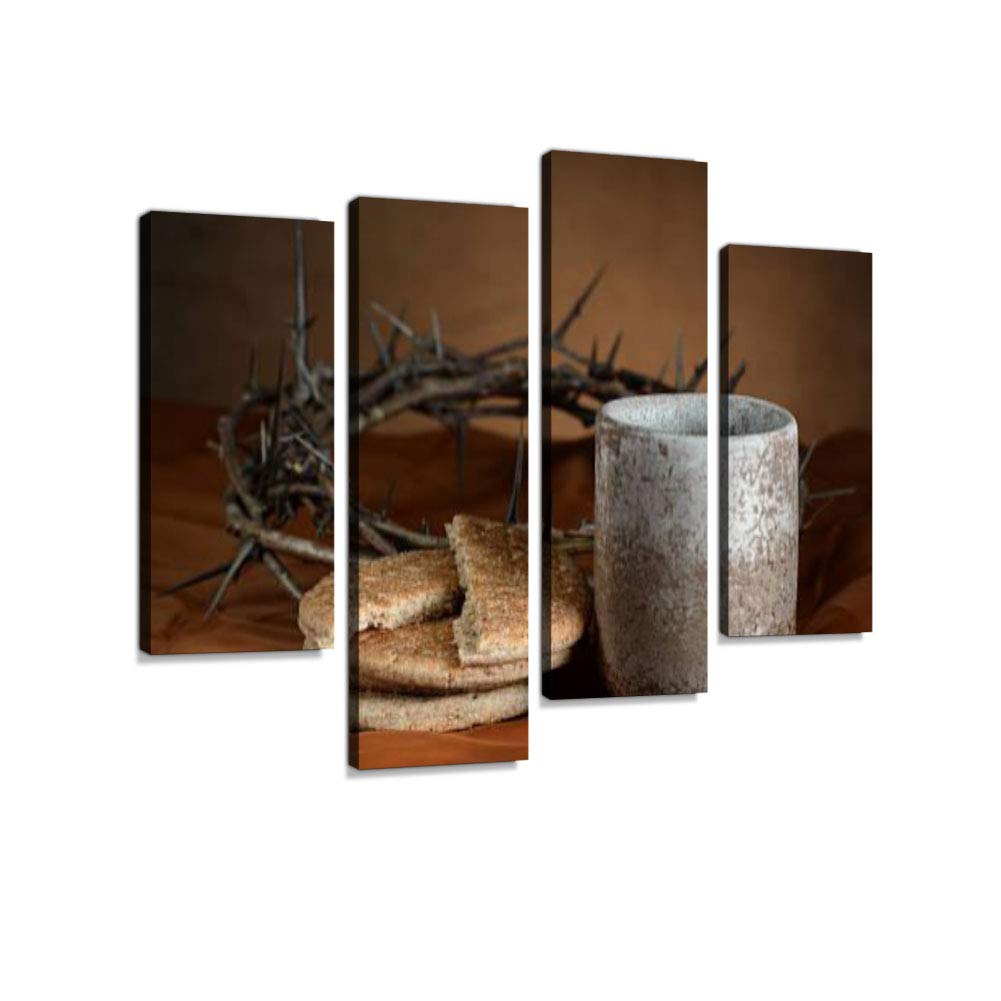 Communion Cup and Bread Canvas Wall Art - Modern Abstract Christian Painting Prints for Home Decor, Unique Framed 4-Panel Religious Artwork | Perfect for Church, Prayer Room & Christian Gift