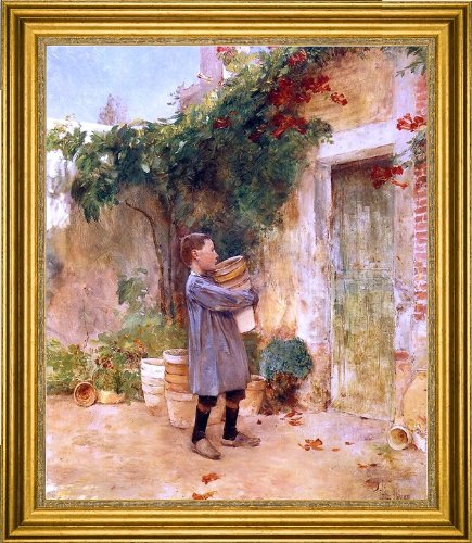 Frederick Childe Hassam Boy with Flower Pots Art Print - 16x20 Inch Premium Canvas Wall Art with Gold Frame - Perfect for Living Room, Bedroom & Office Decor