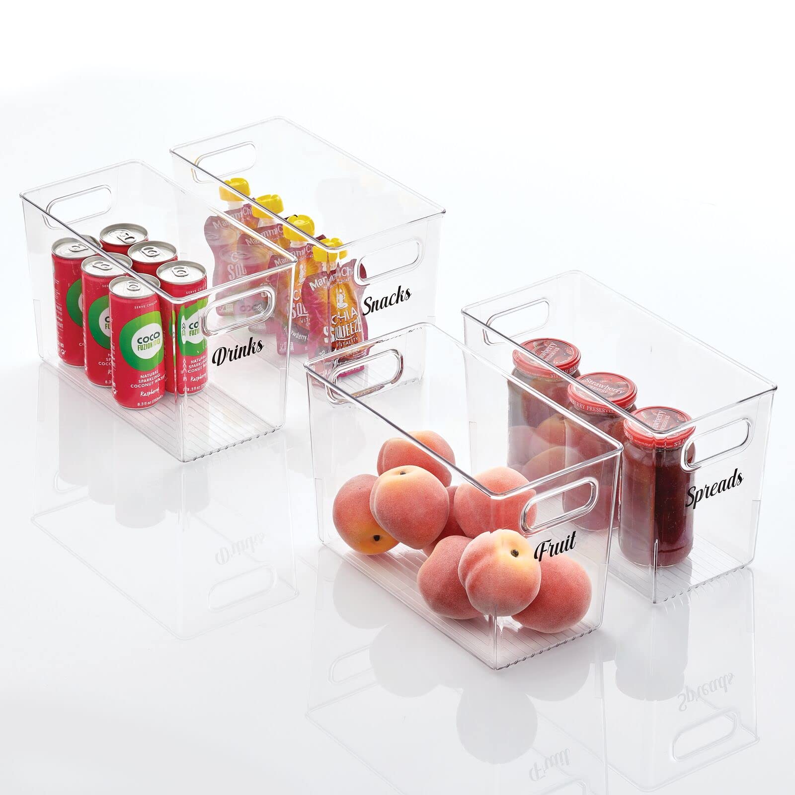 mDesign 5-Pack Clear Slim Plastic Kitchen Storage Bins with Handles - Pantry, Cabinet, Fridge & Freezer Organizer for Fruits, Yogurt, Snacks, Pasta - Includes 32 Labels | Space-Saving Food Storage Solution for Small Kitchens