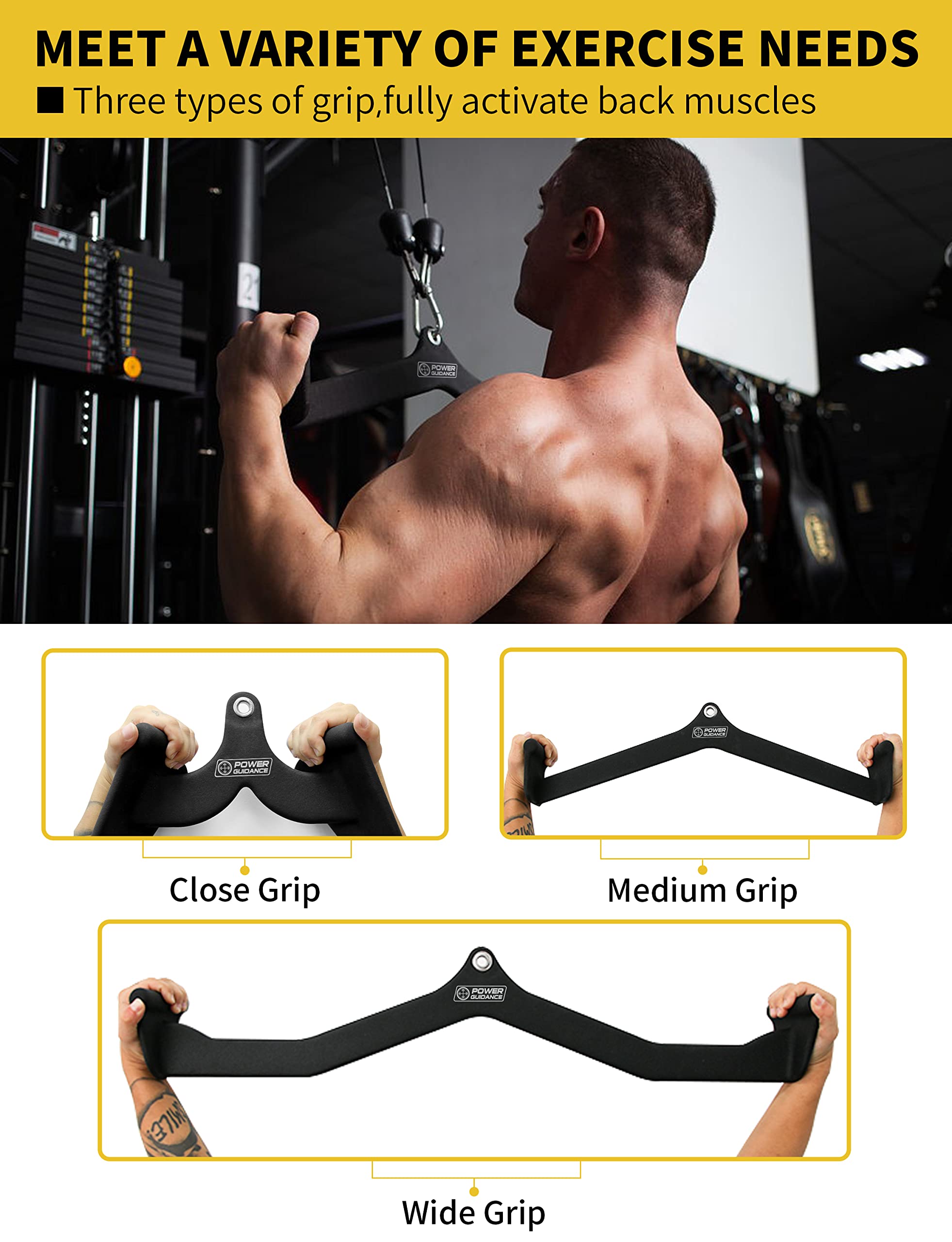 Power Guidance LAT Pulldown Attachments - Ergonomic Pull Down Bar with Comfort Grip for Cable Machines | Strength Training & Home Gym Workouts for Back, Arms & Shoulders