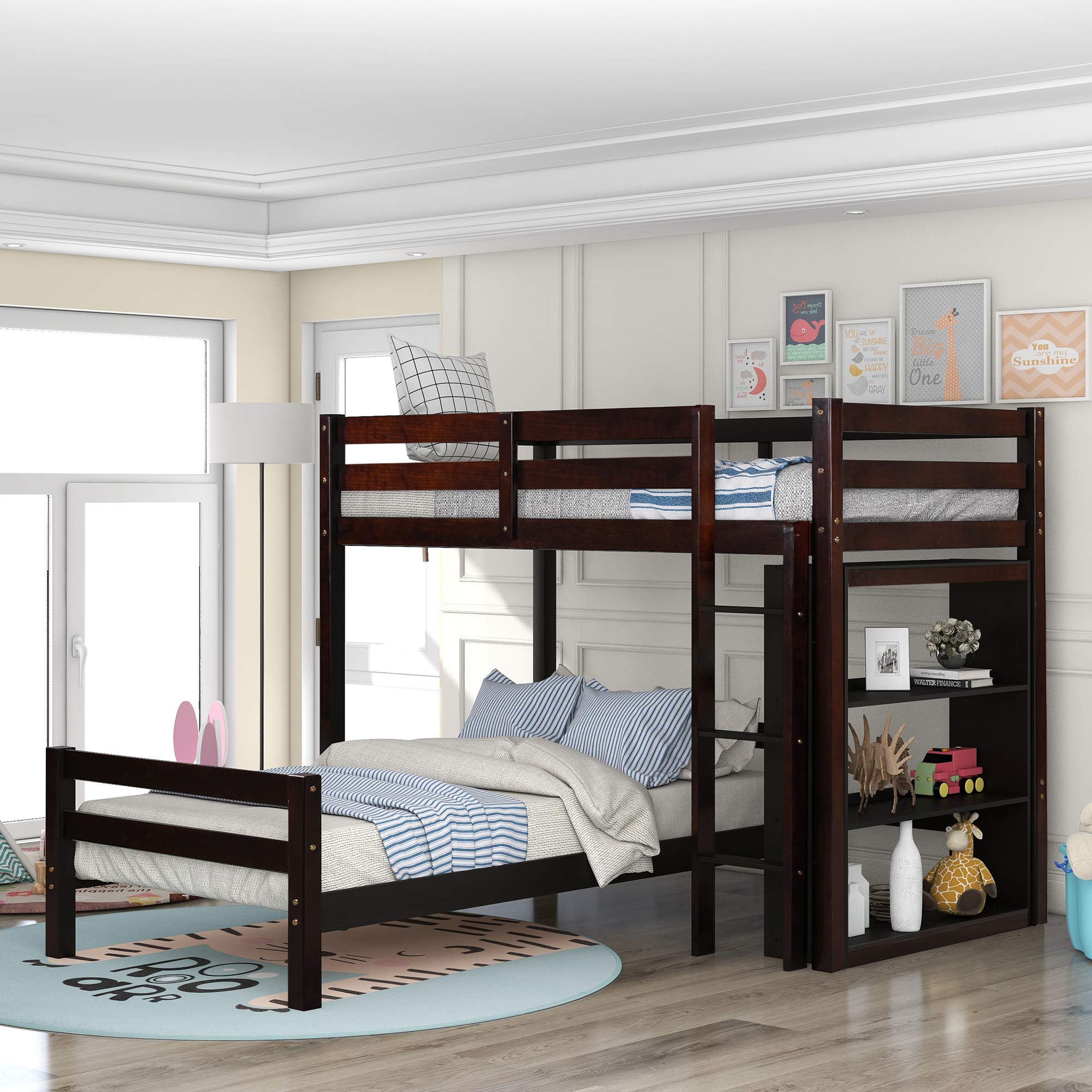 Kteam Twin Over Twin Bunk Bed for Kids - Solid Wood Bunk Bed Frame with Storage Shelves, Converts to 2 Separate Twin Beds - Space-Saving Solution for Boys & Girls Bedrooms (Espresso Finish) - Perfect for Shared Kids Rooms, Sleepovers, and Small Spaces