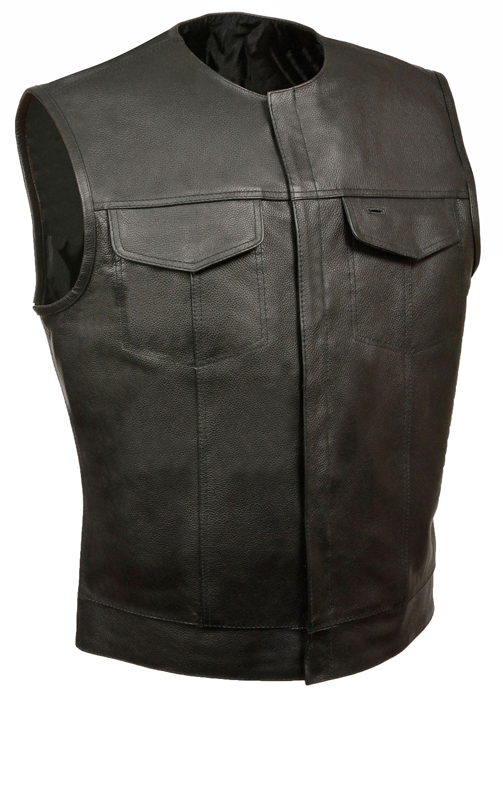 Men's Black Leather Collarless Concealed Snap MC Vest - Motorcycle Riding, Biker Jacket Alternative, Casual Outfit Styling