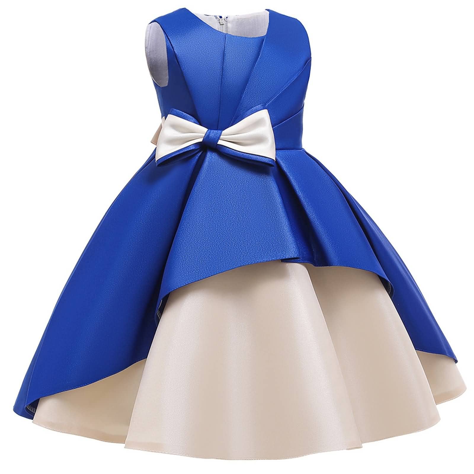 Gualiy Girls Birthday Party Dress for Kids 4-10 Years Old - Dark Blue Puffy Sleeve Dress with Bow & Tie Waist - Perfect for Birthday Parties, Special Occasions & Holiday Events