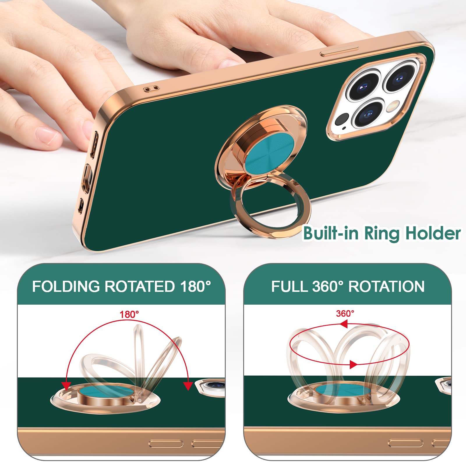 Hython Magnetic Phone Case for iPhone 13 Pro - 360° Rotatable Ring Stand with Kickstand, Rose Gold Plated Edge, Slim Flexible TPU Cover (Green) - Perfect for Hands-Free Viewing, Car Mounting & Everyday Protection