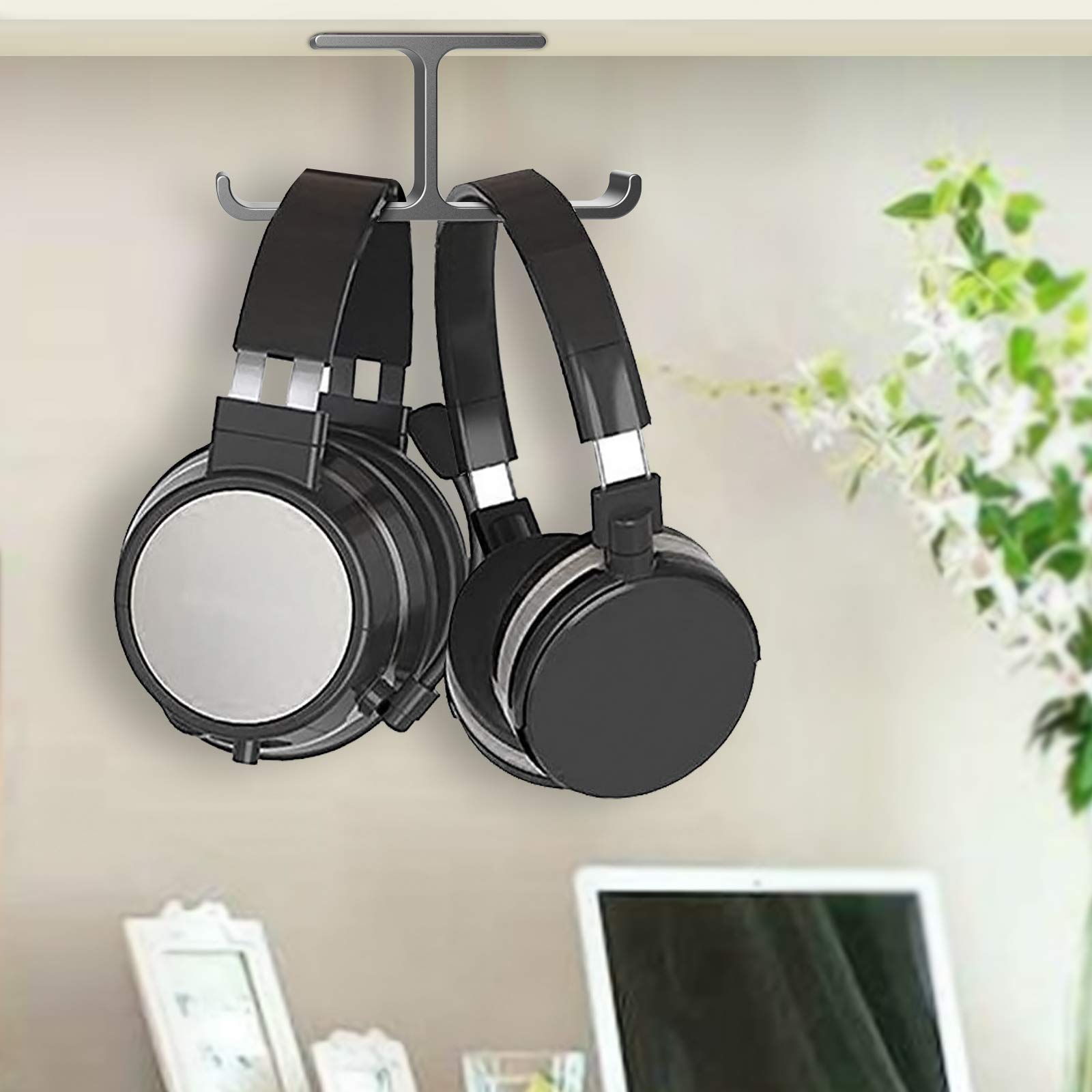 Under Desk Headphone Holder - Aluminum Adhesive Headset Stand for Gaming, Office & Home Use - Universal Fit for All Headphones (Grey) - Perfect for Workspace Organization & Cable Management