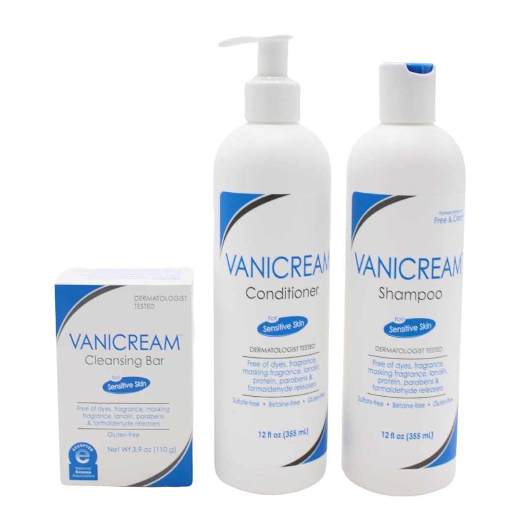Vanicream Sensitive Skin Bundle Kit - Gentle Cleansing Bar (3.9 oz), Shampoo & Conditioner (12 fl oz Each) - Fragrance Free, Hypoallergenic Skincare & Haircare Set - Perfect for Eczema, Dry Skin & Scalp Care
