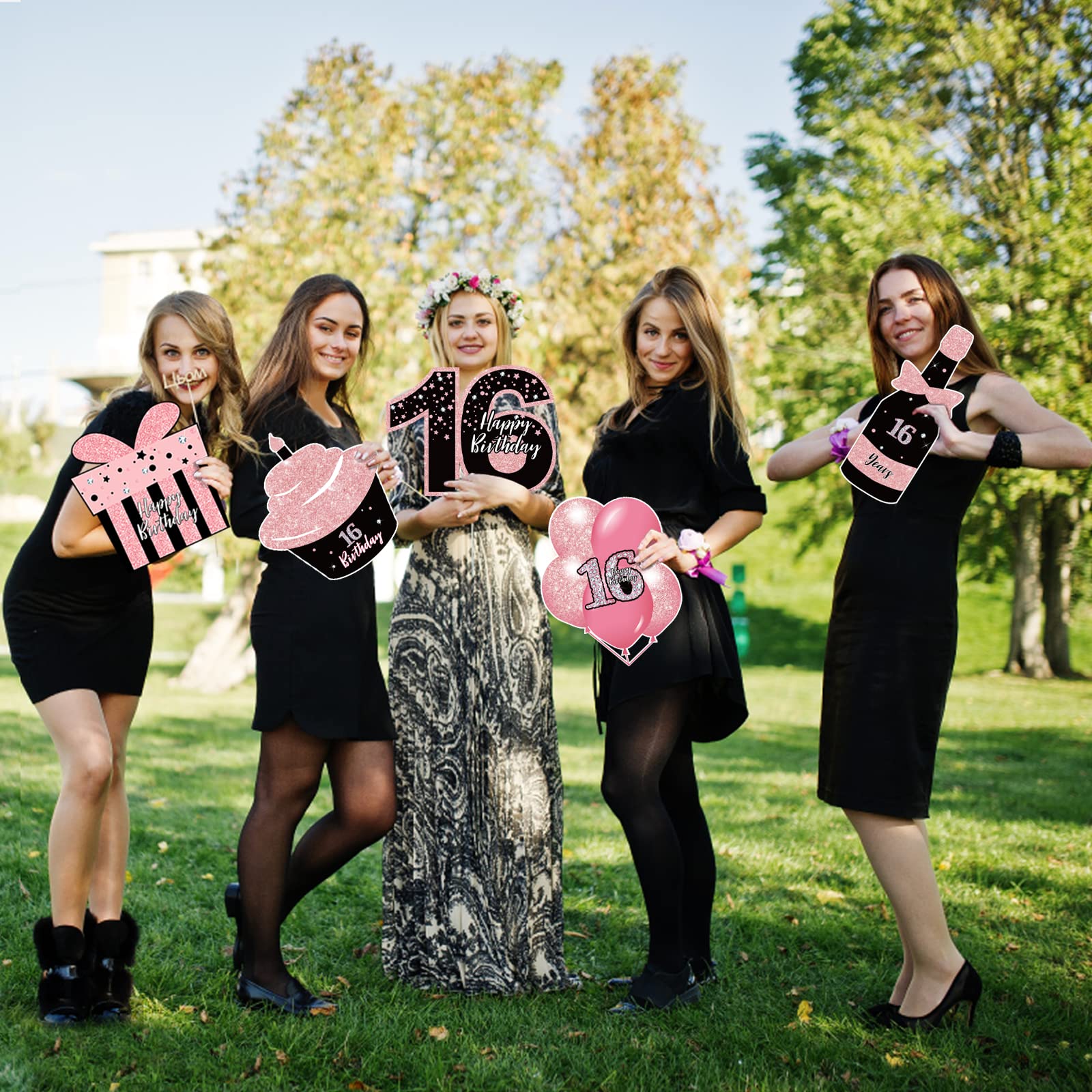 Sweet 16 Birthday Party Decorations - 7 Pcs Black & Pink Yard Signs with Stakes & 2 Pcs LED Lights | Sparkling Night Display | Weatherproof Outdoor Lawn Decor for Teen Girls Birthday, Graduation, Backyard Celebration