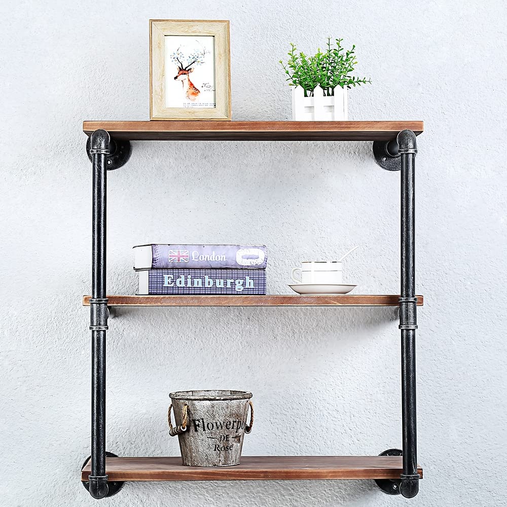 Industrial Pipe Floating Shelves - 3 Tier 24 Inch Wall Mounted Wood & Metal Shelving for Books, Decor & Storage | Perfect for Living Room, Bedroom & Home Office Organization