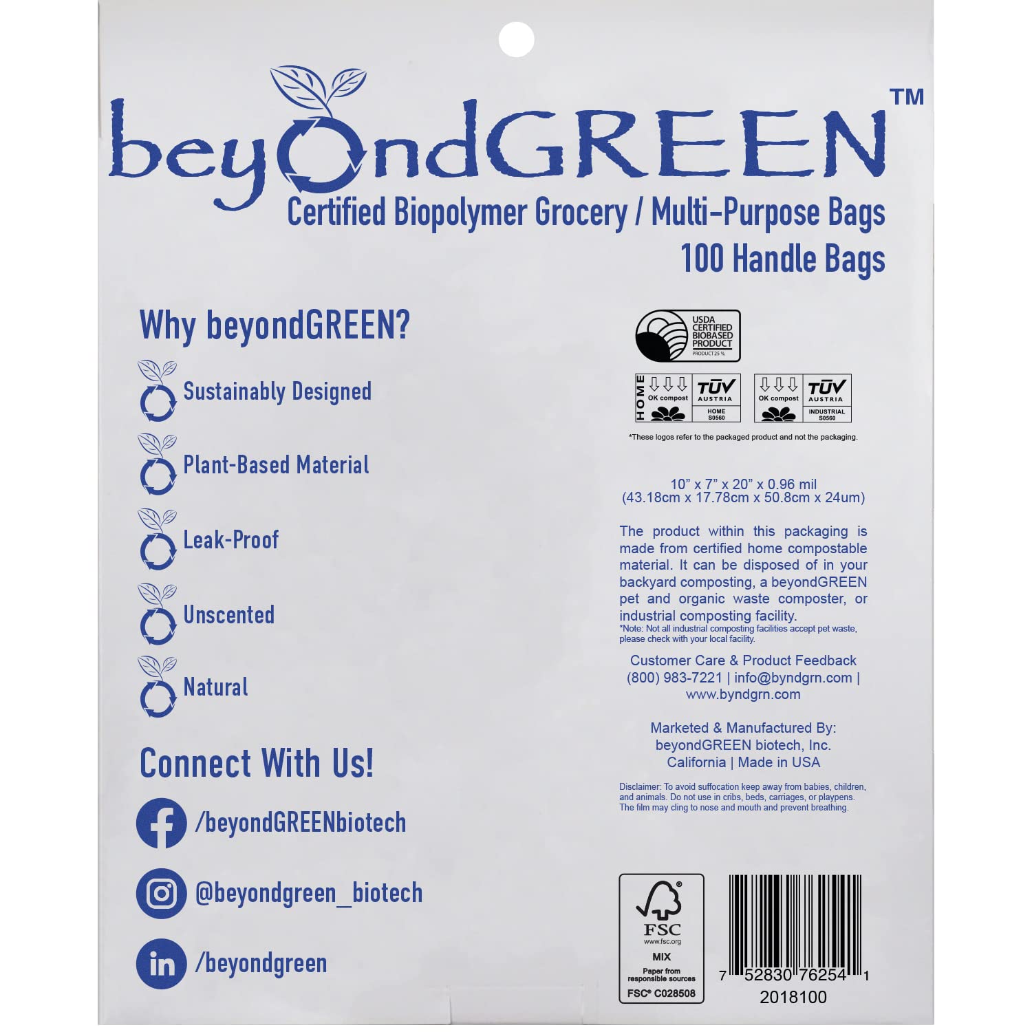 Eco-Friendly Plant-Based Large Reusable Grocery Bags with Handles - 100 Pack (10