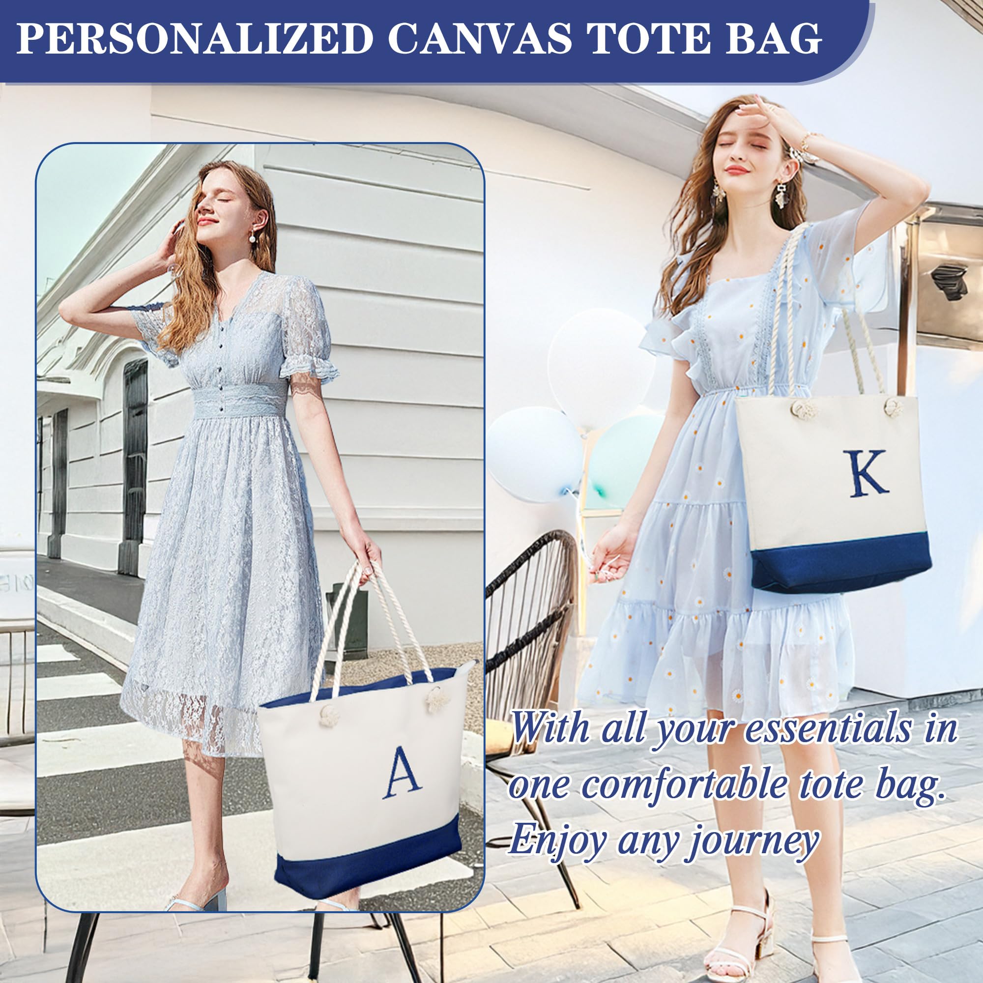 Personalized Initial Canvas Beach Tote Bag & Makeup Pouch Set - Custom Monogrammed Gifts for Women, Best Friend Birthday Present - Perfect for Beach Vacation, Travel & Daily Use