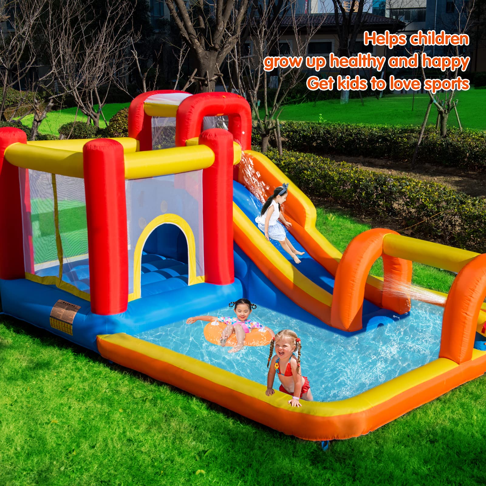Baralir Inflatable Bounce House Water Park with Long Slide & Splash Pool for 5 Kids - Outdoor Backyard Summer Fun with Cave, Tunnel & Water Cannon for Birthday Parties, Family Gatherings & Kids Playtime