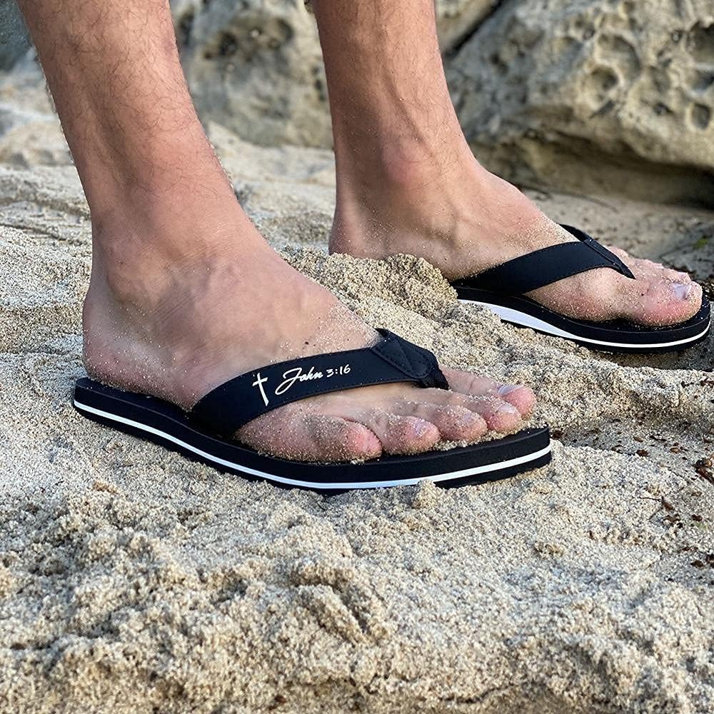 **Men's Christian Flip Flops with John 3:16 - Jesus Sandals for Church & Beach**