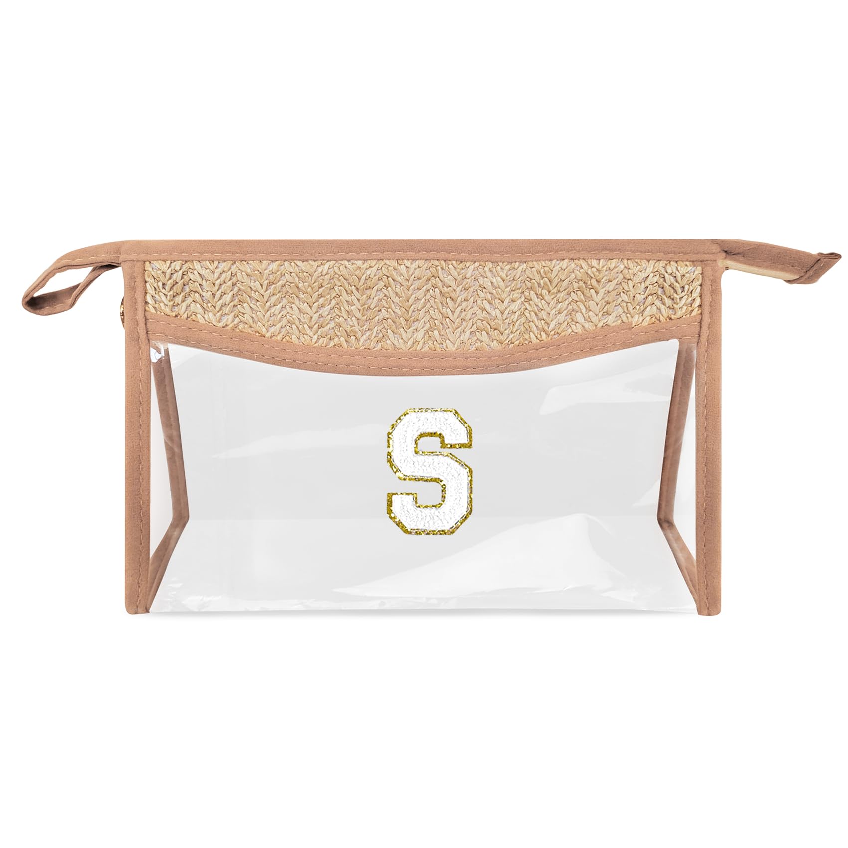Personalized Clear Letter Cosmetic Bag - Boho Beach Makeup Pouch with Chenille Varsity Design, Waterproof PVC Travel Toiletry Bag for Women | Perfect for Beach Trips, Gym Essentials & Daily Makeup Storage