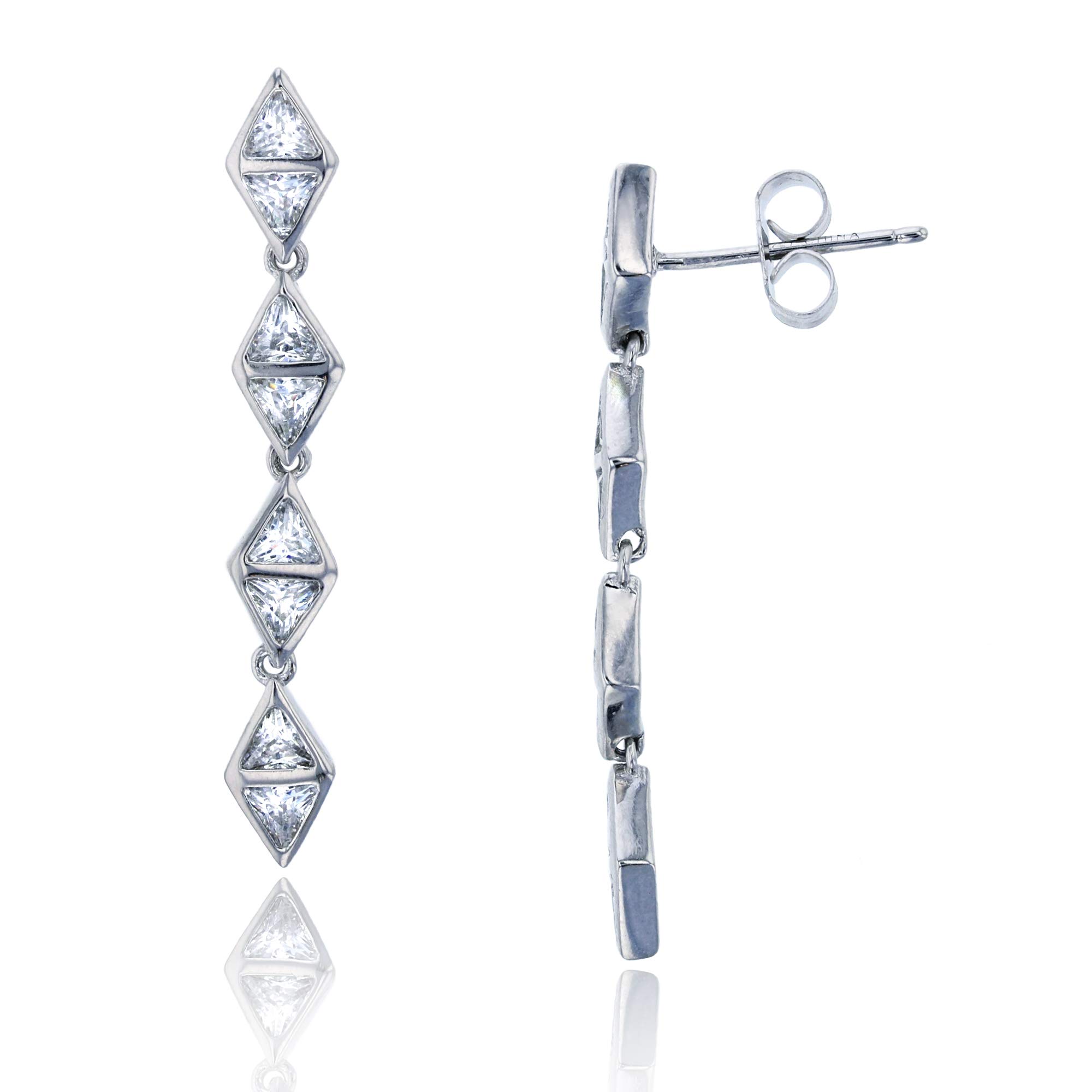 Sterling Silver Rhodium Plated Pave Rhombus Dangle Earrings for Women - Elegant Dangling Jewelry for Parties, Weddings & Everyday Wear
