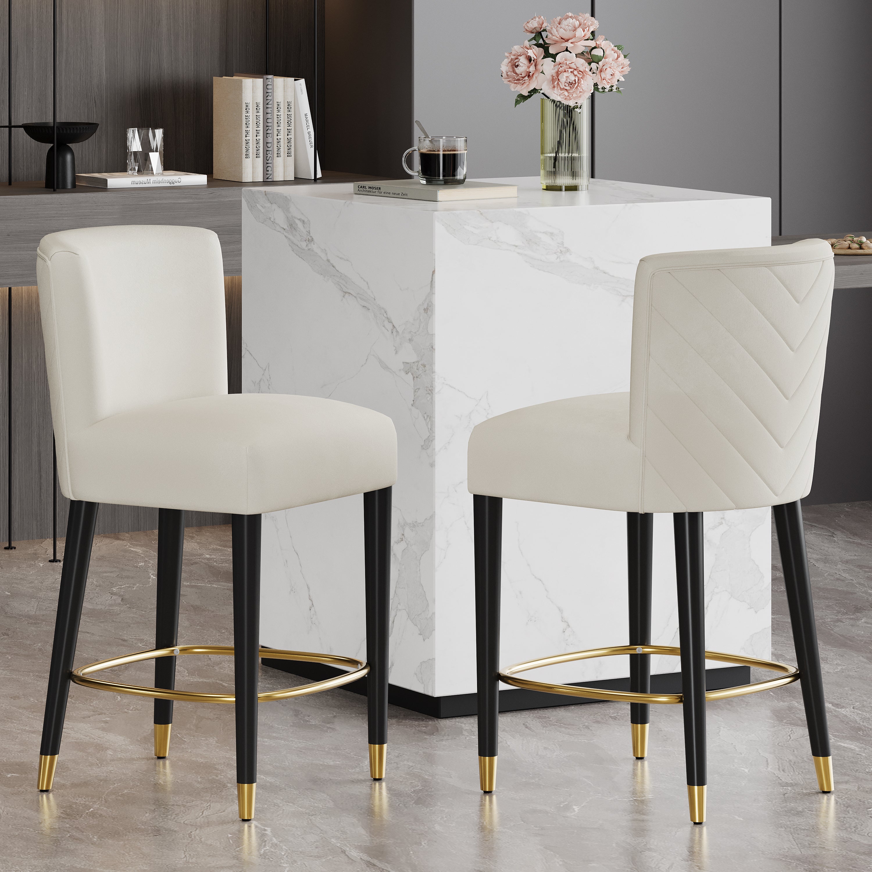 27 Inch Modern Counter Stool with Light Colored Fabric & Gold Circular Footrest - Perfect for Kitchen Islands, Breakfast Bars & Home Decor