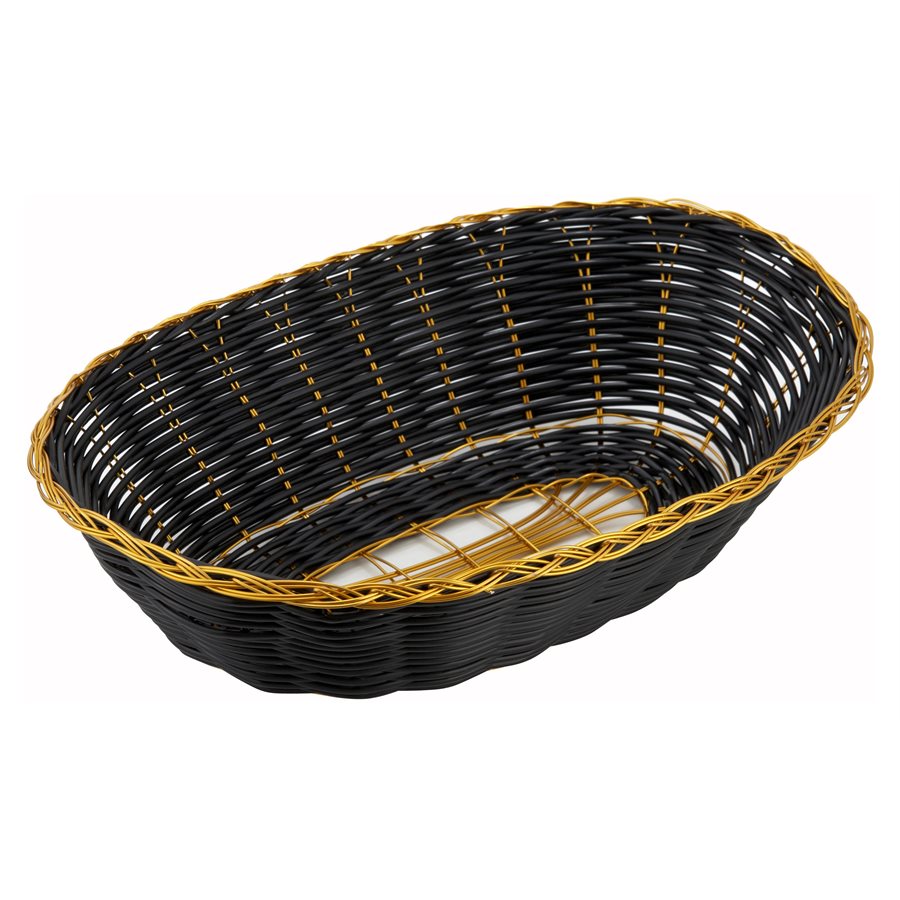 Winco Woven Oval Bread Basket - Black with Gold Trim, 9