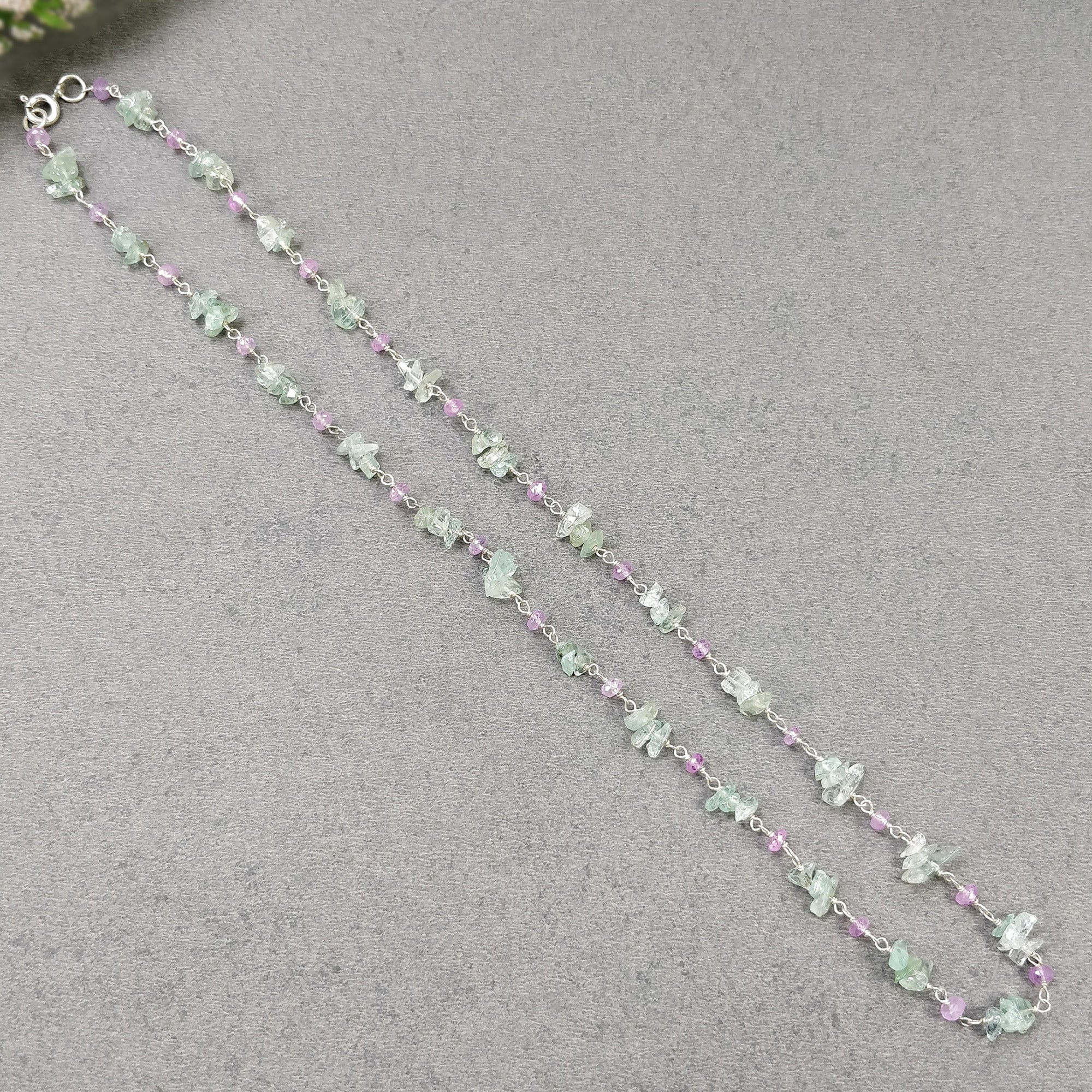 925 Sterling Silver Emerald & Pink Sapphire Gemstone Beaded Chain Necklace – Natural Uncut 18