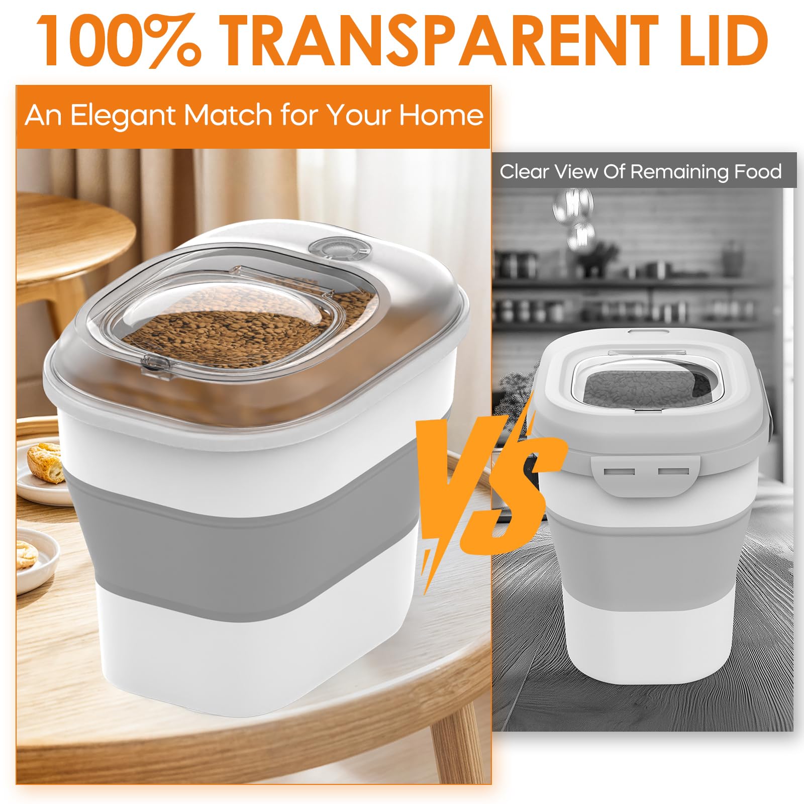30-35Lbs Collapsible Dog Food Storage Container with Airtight Lid - Clear Pet Food Bin with Wheels, Date Tracker & Scoop - Perfect for Dry Kibble, Rice Storage & Bulk Pet Food Organization (35LB Capacity)