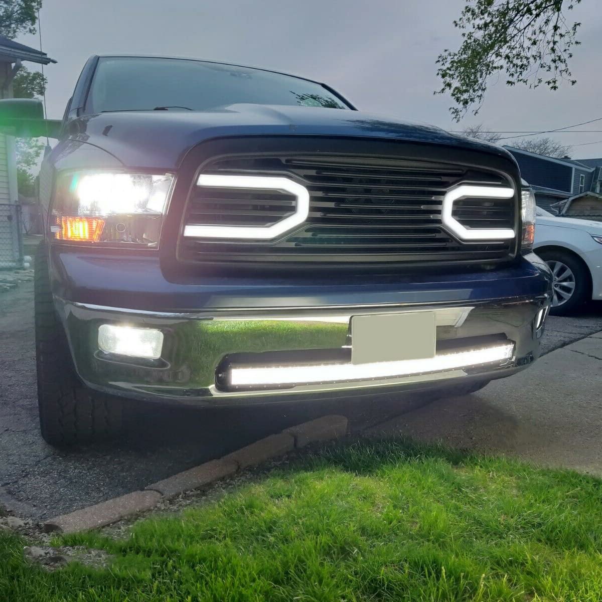 HECASA Gloss Black Front Hood Bumper Grille Replacement Shell with Lights - Compatible with 2009-2012 Dodge Ram 1500 | Perfect for Off-Roading & Truck Customization
