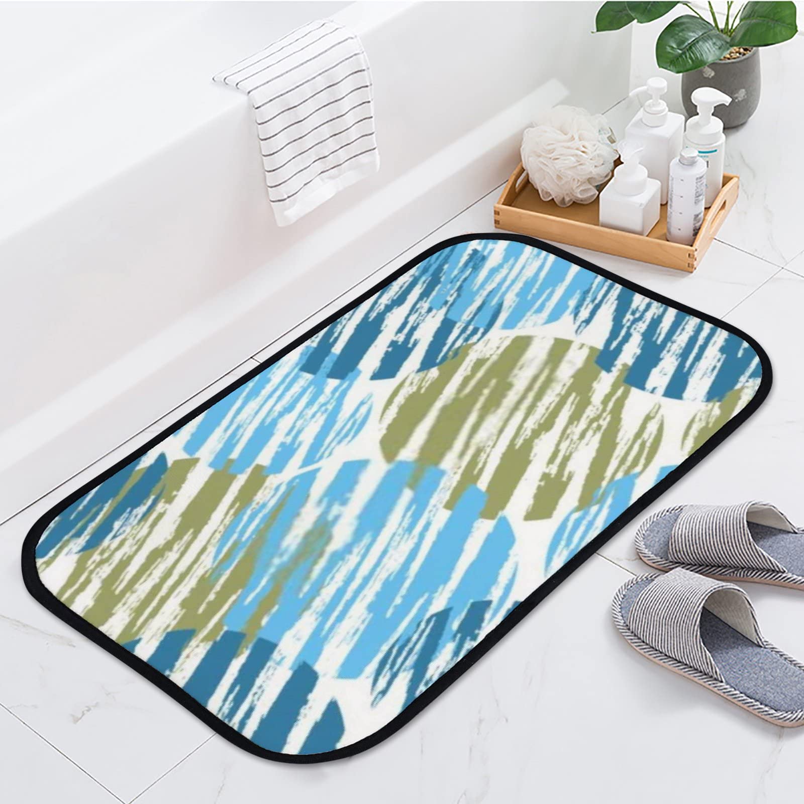 Non-Slip Bath Rug - Soft Microfiber Velvet Bathroom Mat with Decorative Circles, Absorbent & Quick-Drying, 31x20 Inch - Perfect for Shower, Bathroom Floor & Entryway, Blue