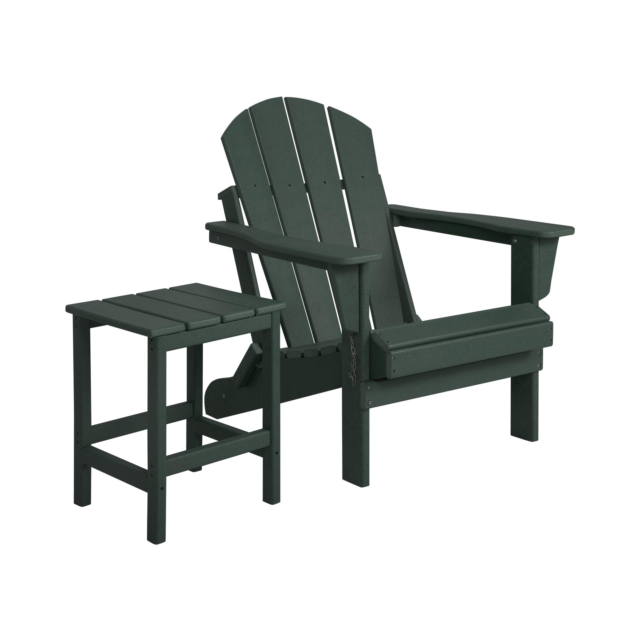 WO Home Furniture 2-Piece Adirondack Chair Set with Side Table - Outdoor Folding Chairs Weatherproof & UV Resistant for Lawn, Garden, Patio, Deck, Camping, Bonfire, Backyard Relaxation (Dark Green)
