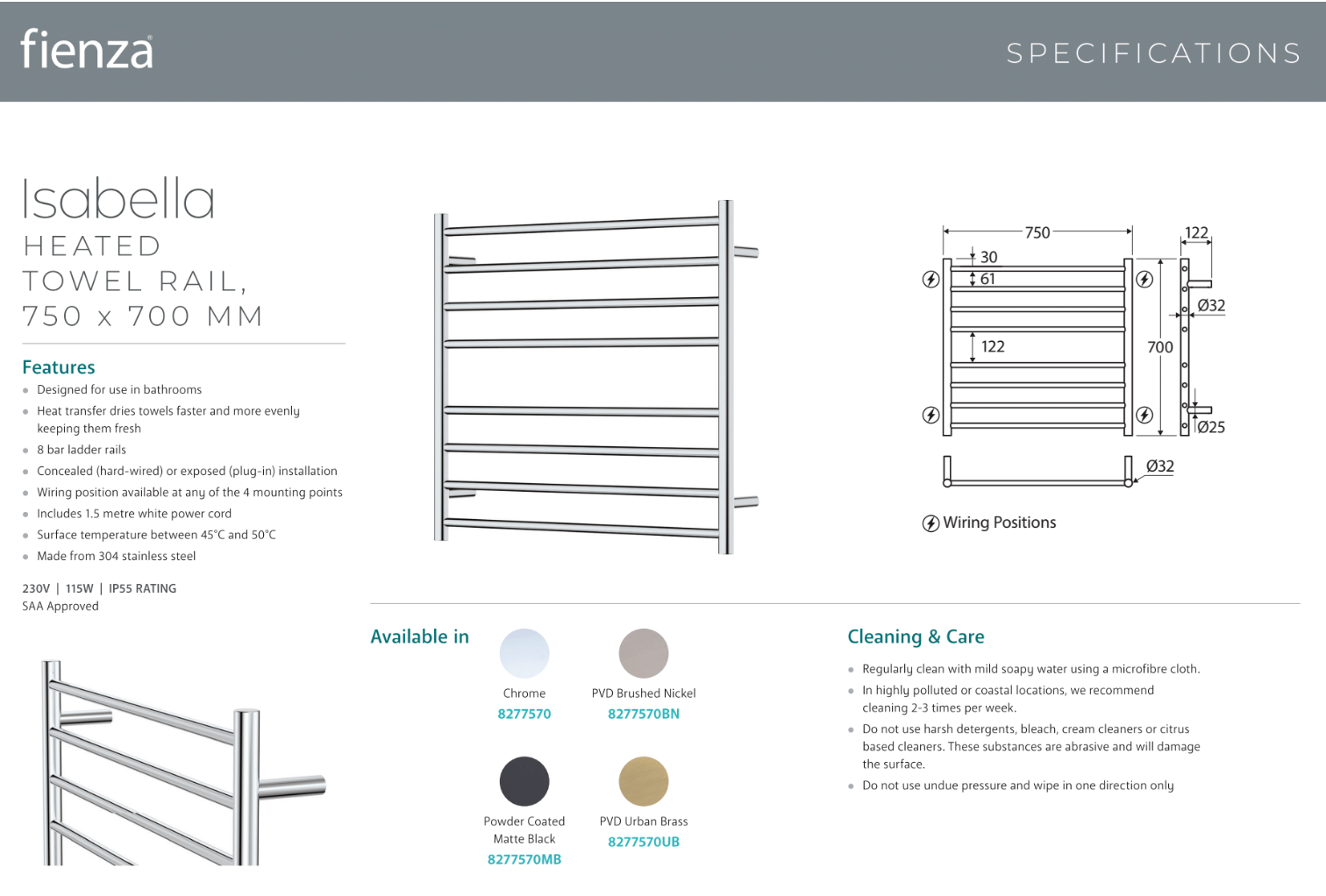 Fienza 8277570UB Isabella Heated Towel Rail 750x700mm Urban Brass - Premium Bathroom Towel Warmer for Spa-Like Luxury at Home