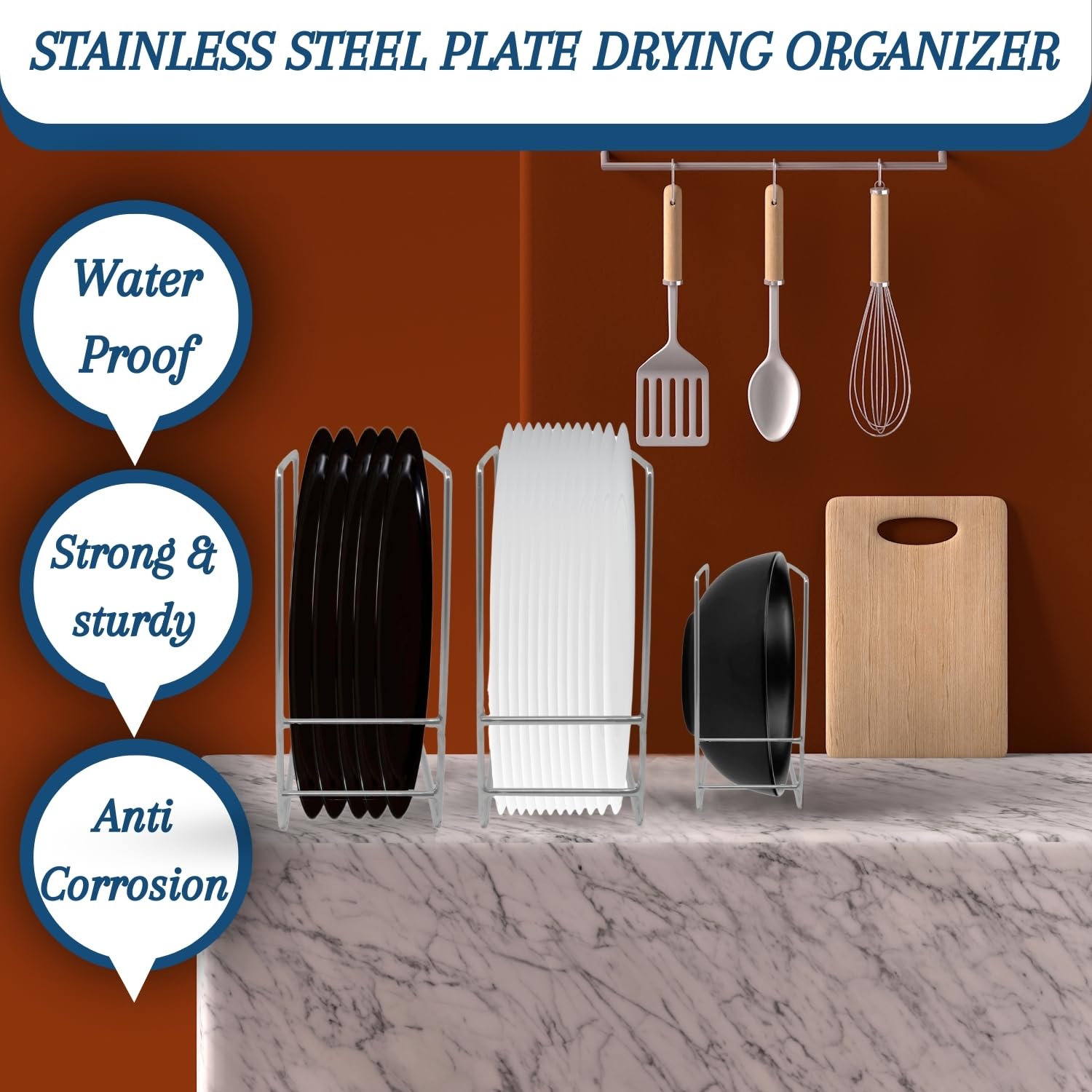 YUMUN 2-Piece Stainless Steel Square Plate Rack Set - Large & Small Kitchen Organizer for Dish Lids, Bowls, Plates - Space Saving Tiered Shelf for Cabinet, Countertop or Cupboard Storage - Perfect for Small Kitchens, Restaurants and Home Organization