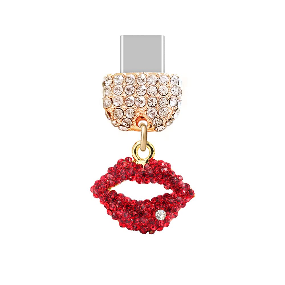 ELISE & FONDA TP71 Type-C Charging Port Dust Plug - Crystal Anti-Dust Cover with Lip Charm for Samsung, OnePlus, Xiaomi, OPPO, iPhone 15/16 (Red) - Stylish Phone Accessory for Protection & Decoration