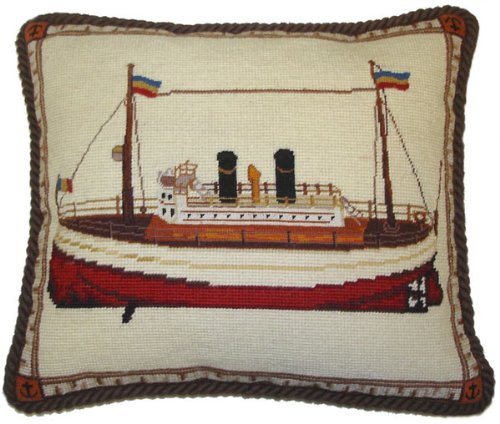 16 x 18 Inch Needlepoint Boat Pillow - Handmade Decorative Throw Pillow for Sofa, Bedroom, and Living Room - Nautical Home Decor Gift