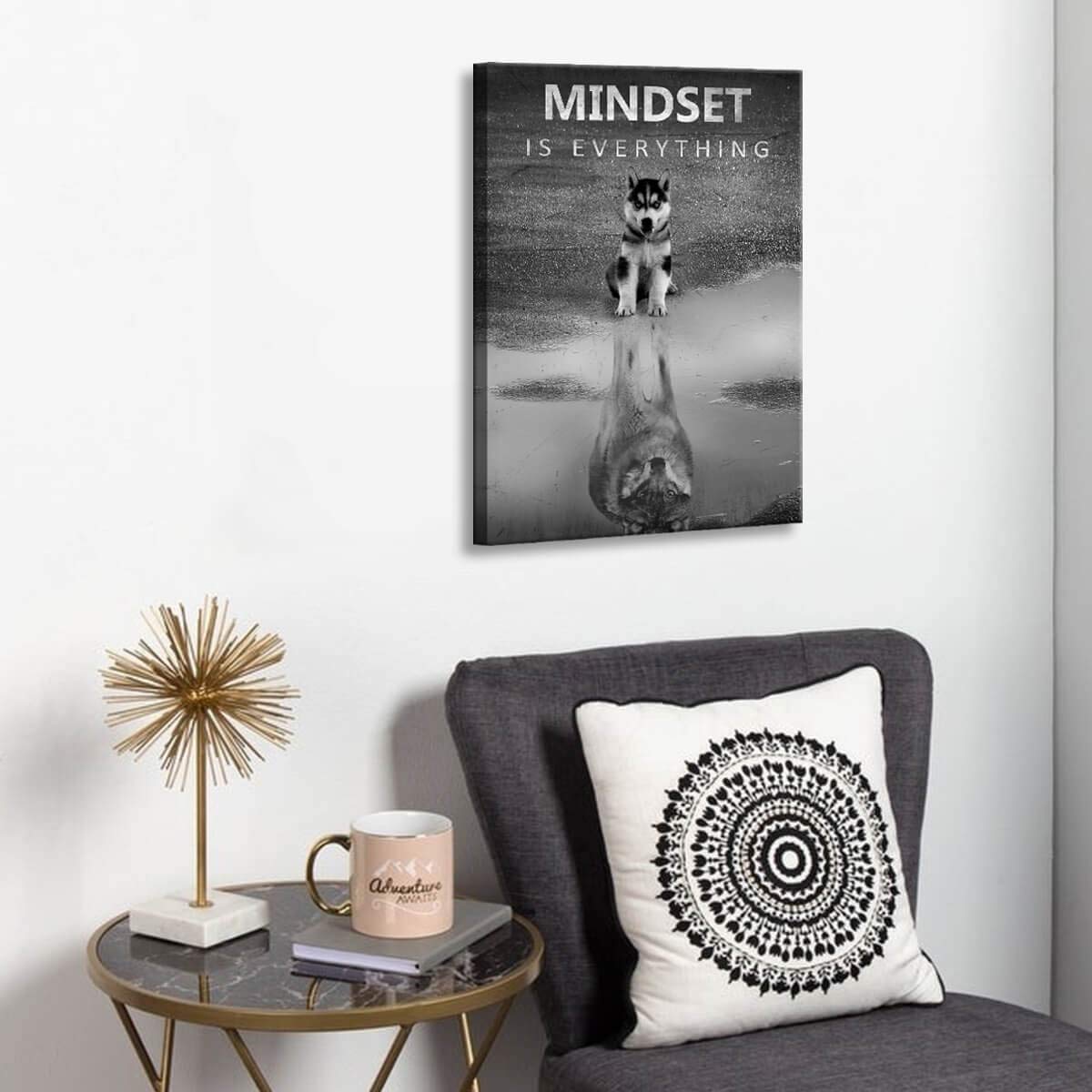 Modern Motivational Wall Art Canvas - Mindset is Everything Inspirational Office & Bedroom Decor (16x24 Inch Framed Black & White Wolf Motto Artwork) - Perfect for Home, Office & Gifts