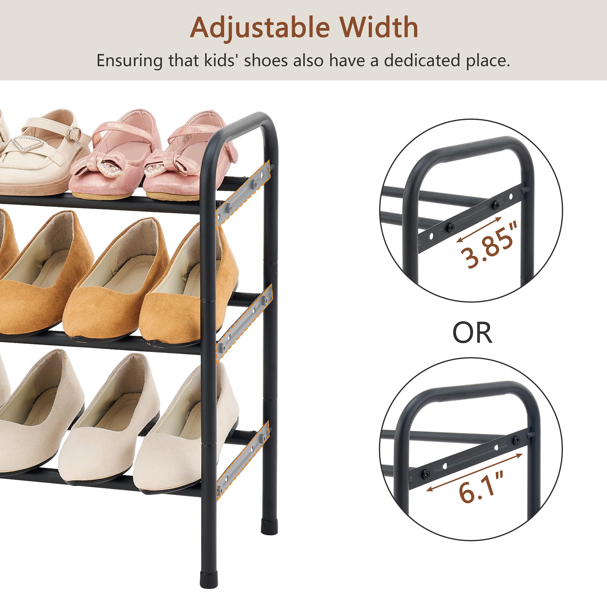 3-Tier Expandable Shoe Rack with Adjustable Width - Sturdy Metal Shoe Shelf Organizer Holds 18 Pairs of Shoes - Space Saving Shoe Storage for Bedroom, Entryway, Closet & Dorm Room - Black
