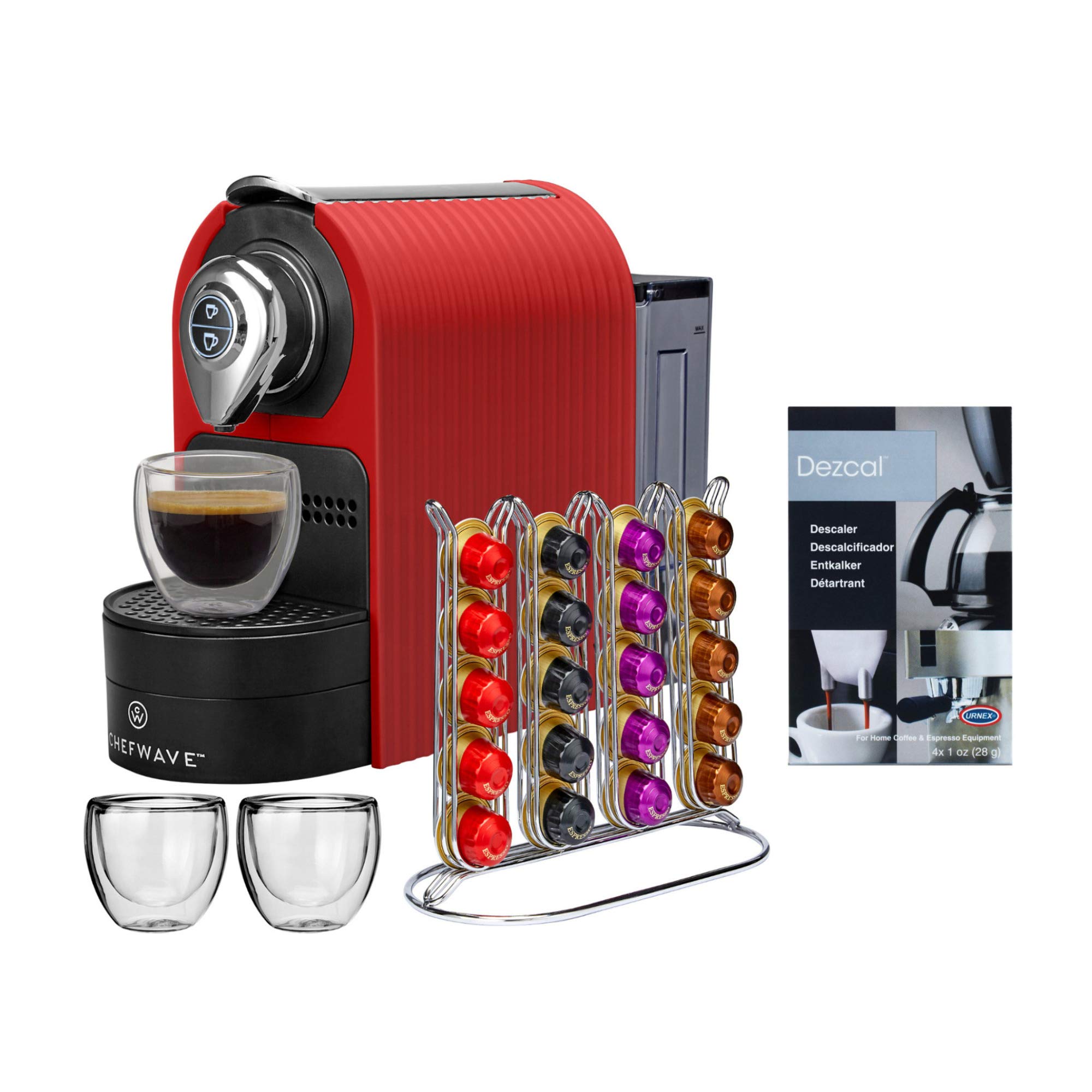 ChefWave Espresso Machine for Nespresso Compatible Capsules - 19 Bar Pressure, Fast Heat-Up, Red Coffee Maker with Capsule Holder, 2 Glass Cups & Descaling Powder - Perfect for Home, Office & Small Coffee Shops