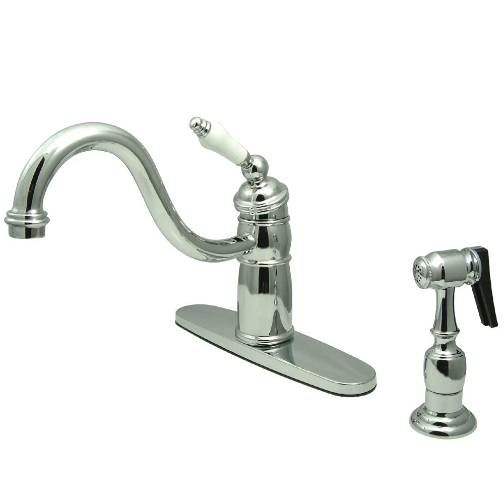 Kingston Brass KB1571PLBS Victorian Mono Deck Mount Kitchen Faucet with Pull-Out Sprayer - 9.125 Inch Polished Chrome - Perfect for Farmhouse & Traditional Kitchen Sinks