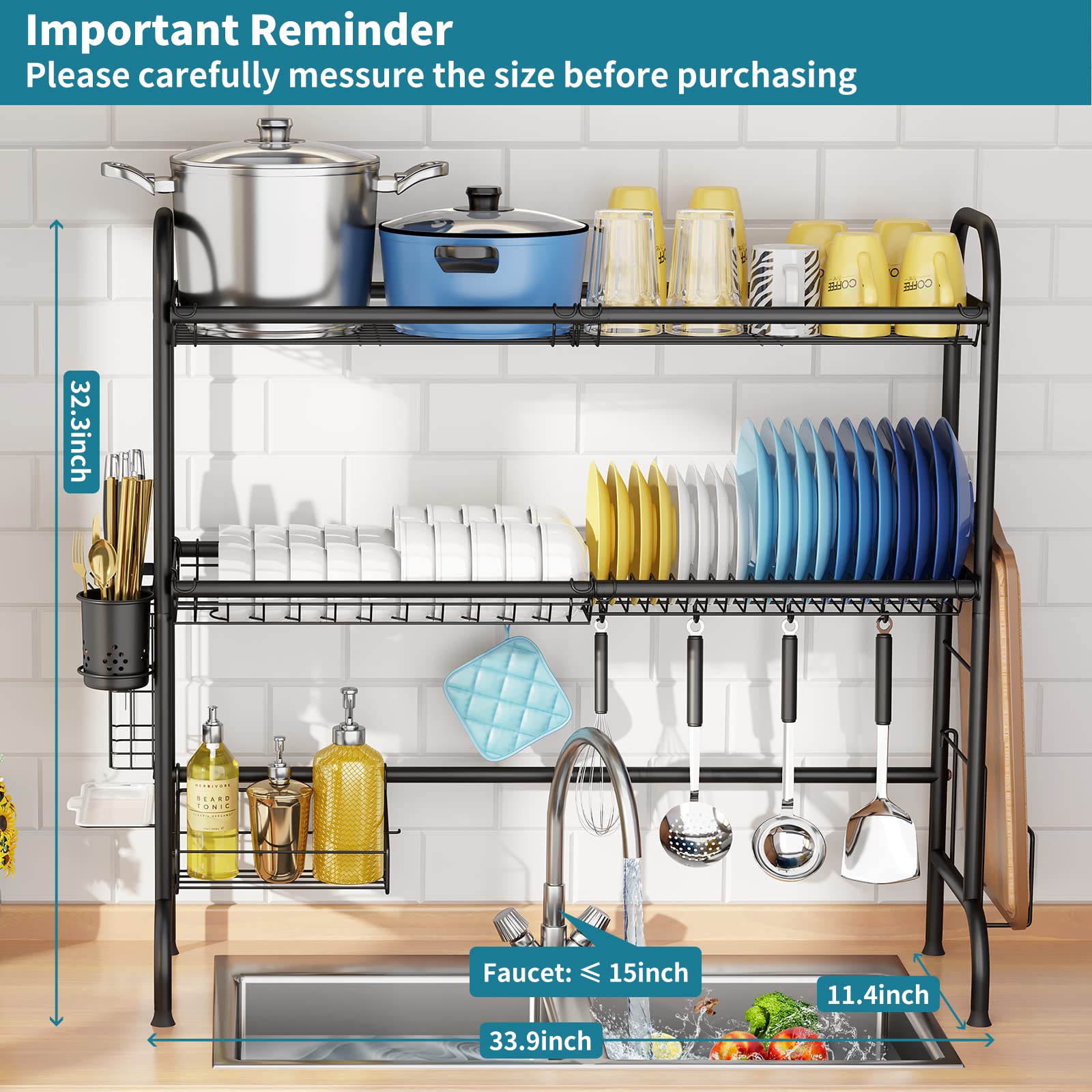 HOWDIA 3-Tier Stainless Steel Over The Sink Dish Drying Rack with Utensil Holder | Large Kitchen Counter Dish Drainer for Plates, Cups & Cookware | Space-Saving Solution for Small Kitchens & Apartments