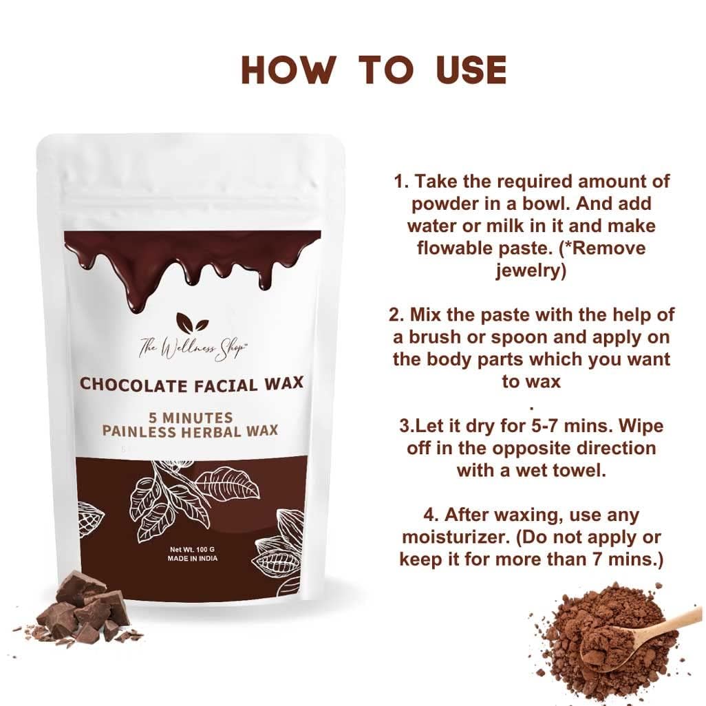 Chocolate Facial Wax Powder - 100g Painless Herbal Hair Removal Wax for Face & Body | Quick 5-Minute Treatment for Smooth Skin at Home or Salon
