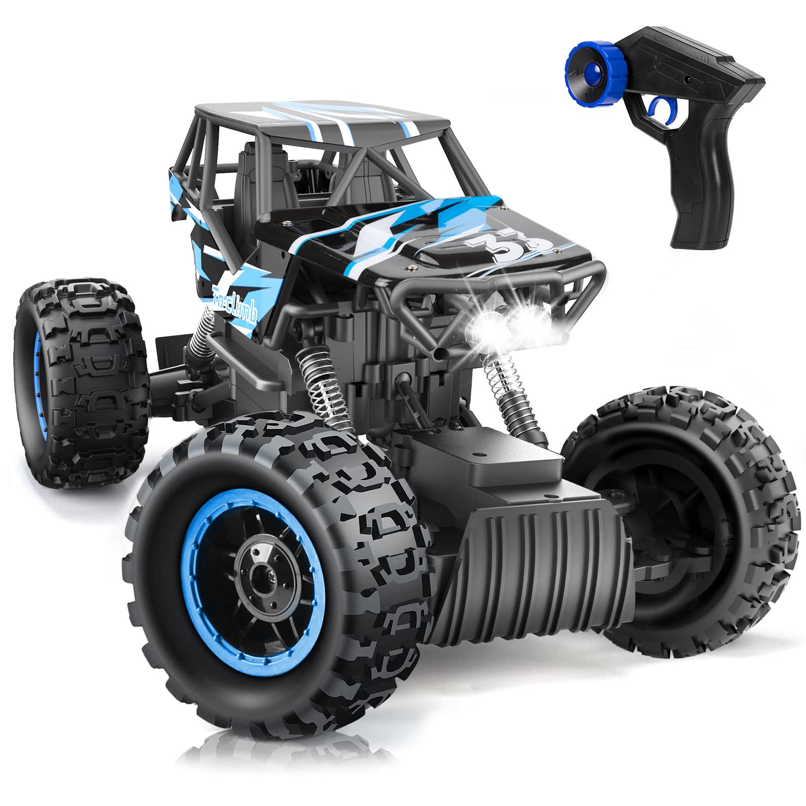DOUBLE E 1/12 Scale 4WD Monster Truck RC Car - Dual Motor Remote Control Vehicle with LED Headlights, Rechargeable Battery, All-Terrain Off-Road Rock Crawler - Perfect Gift for Boys & Girls (Blue) - Ideal for Backyard Racing, Indoor Play, and Outdoor Adventure