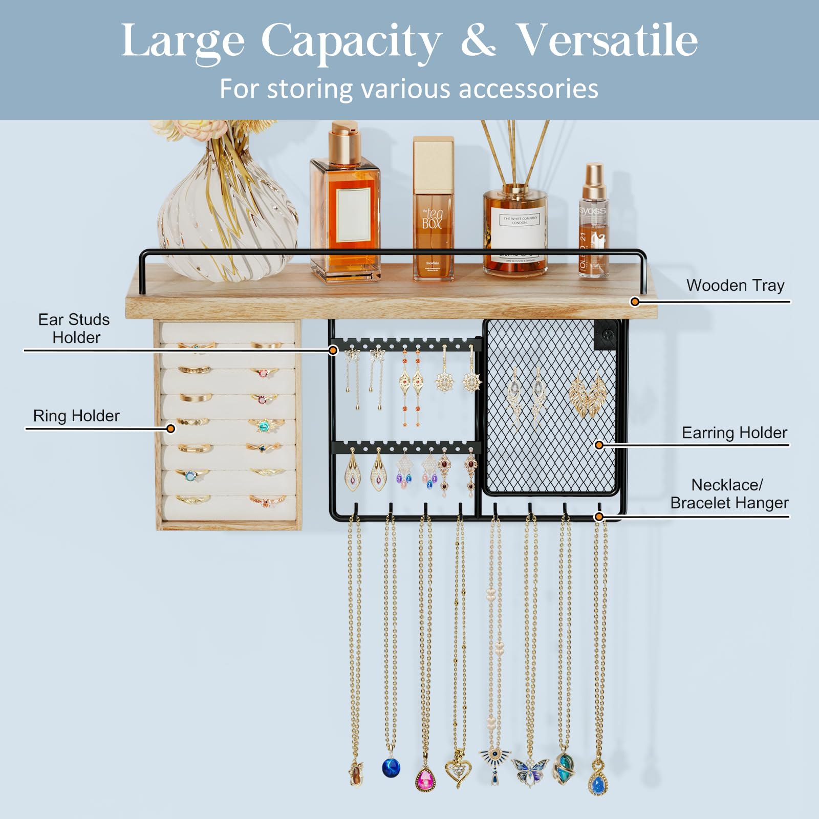 Lolalet Wall Mounted Jewelry Organizer with Wood Shelf & Hooks - Display Rings, Earrings, Bracelets & Necklaces - Space Saving Bedroom & Bathroom Storage Solution