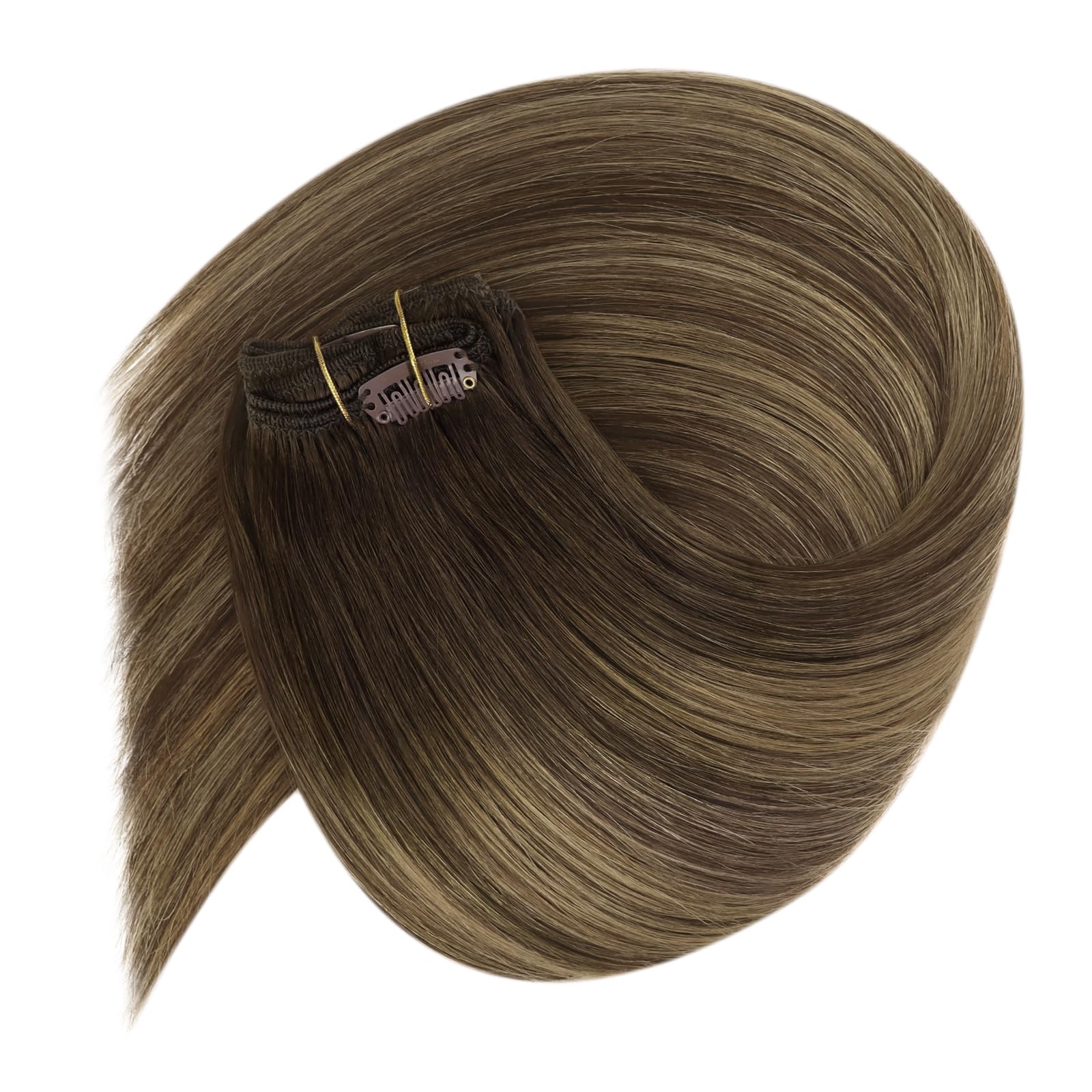 Ve Sunny 22 Inch Balayage Clip-in Human Hair Extensions - Dark Brown to Caramel Blonde Ombre (7pcs/120g) for Long Hair | Perfect for Parties, Weddings & Daily Styling