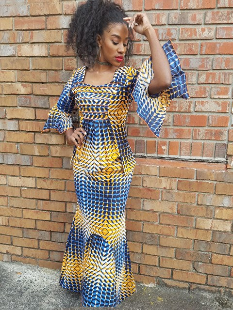 Stylish Blue and Orange African Print Top and Skirt Set DP3544 | Women's Boutique Outfit for Parties, Weddings & Cultural Events